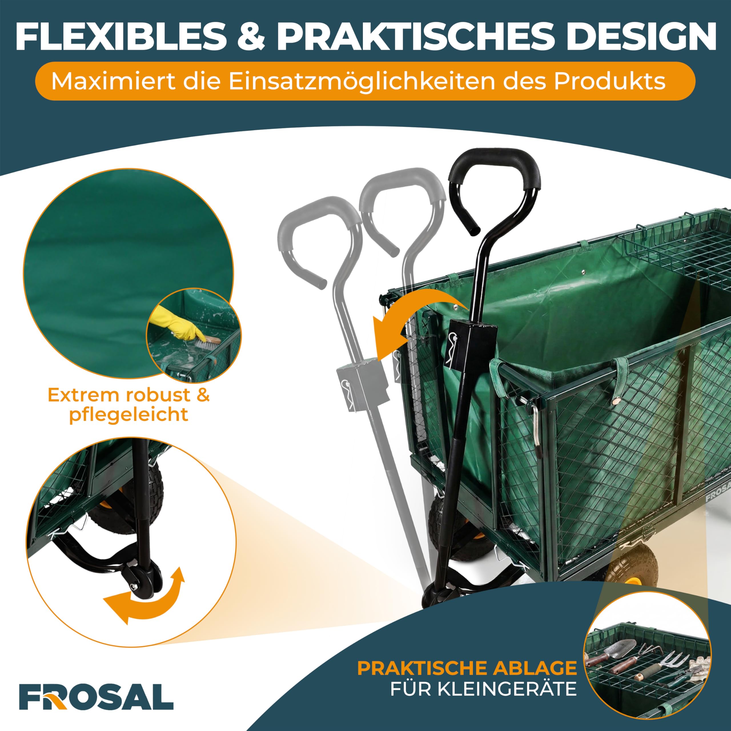 FROSAL Gartenwagen Sam – abnehmbare und klappbare Seitenwände – 350kg Traglast mit Luftreifen – Transportwagen mit Gitter & Plane – Handwagen für Garten, Baustelle & Hof – 200L Volumen – grün