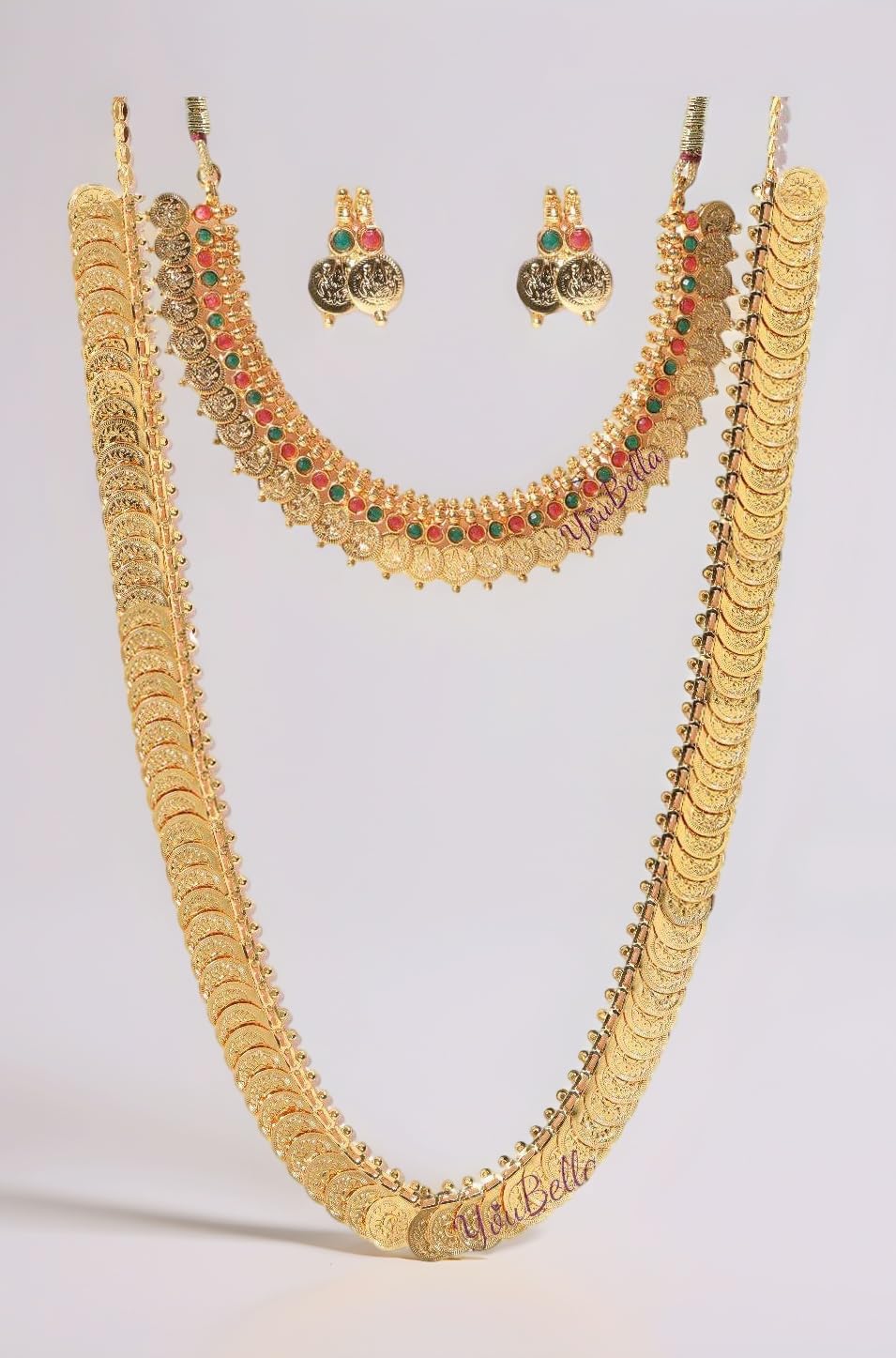 Jewellery set for women Gold Plated Long Traditional Coin Necklace set and Red Green Choker necklace Jewellery Set with Earrings for Girls and Women