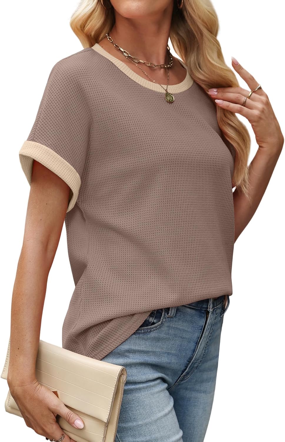 Sampeel Summer Tops for Women 2026 Trendy Rolled Short Sleeve Shirts Waffle Knit Crew Neck Tops Curved Hem Fashion Clothing - Image 3