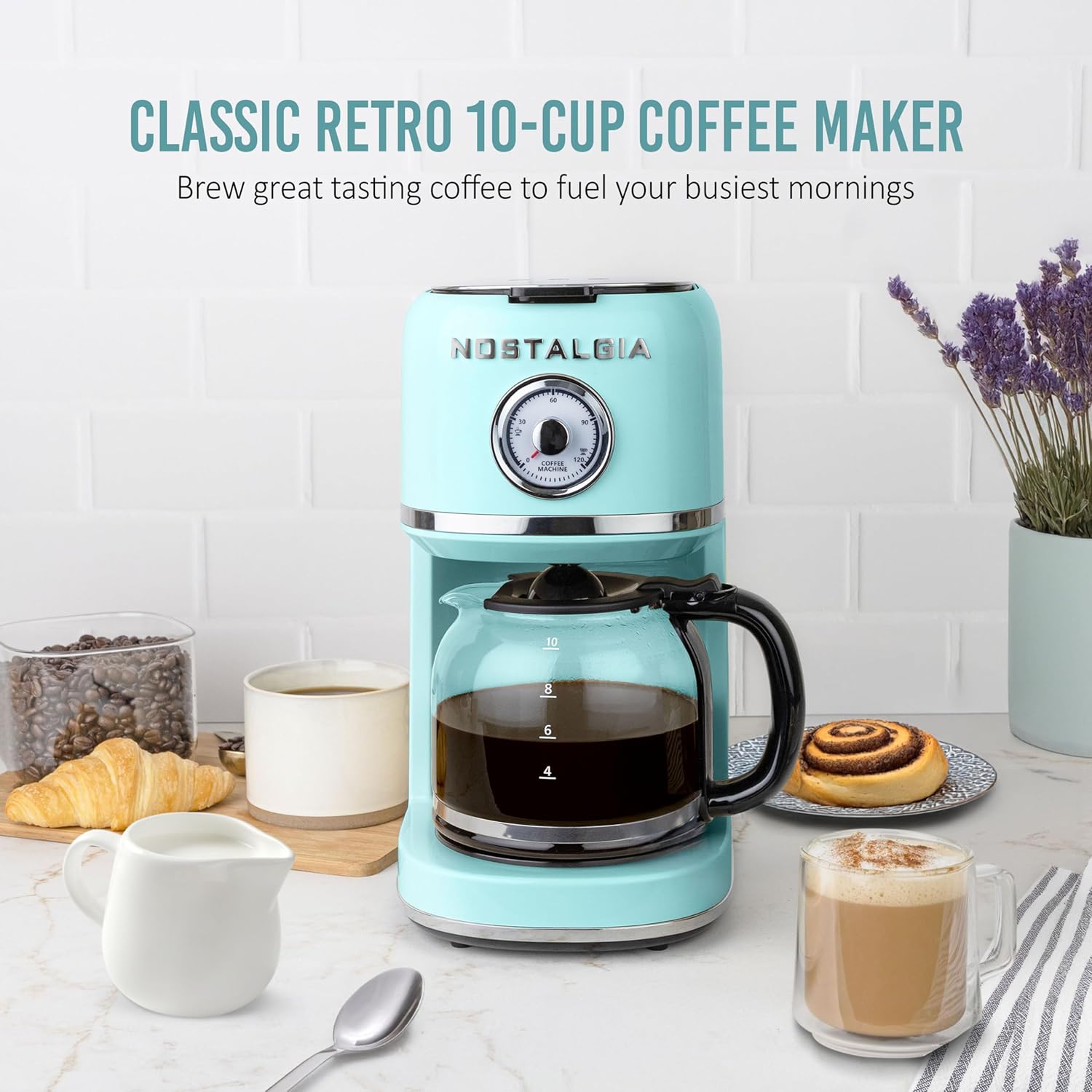 Nostalgia Classic Retro 10 Cup Coffee Maker - One-Touch Drip Brew, Reusable Filter - Anti-Drip, Auto Shutoff, & Time Display - Dishwasher Safe 50 oz Carafe - Aqua