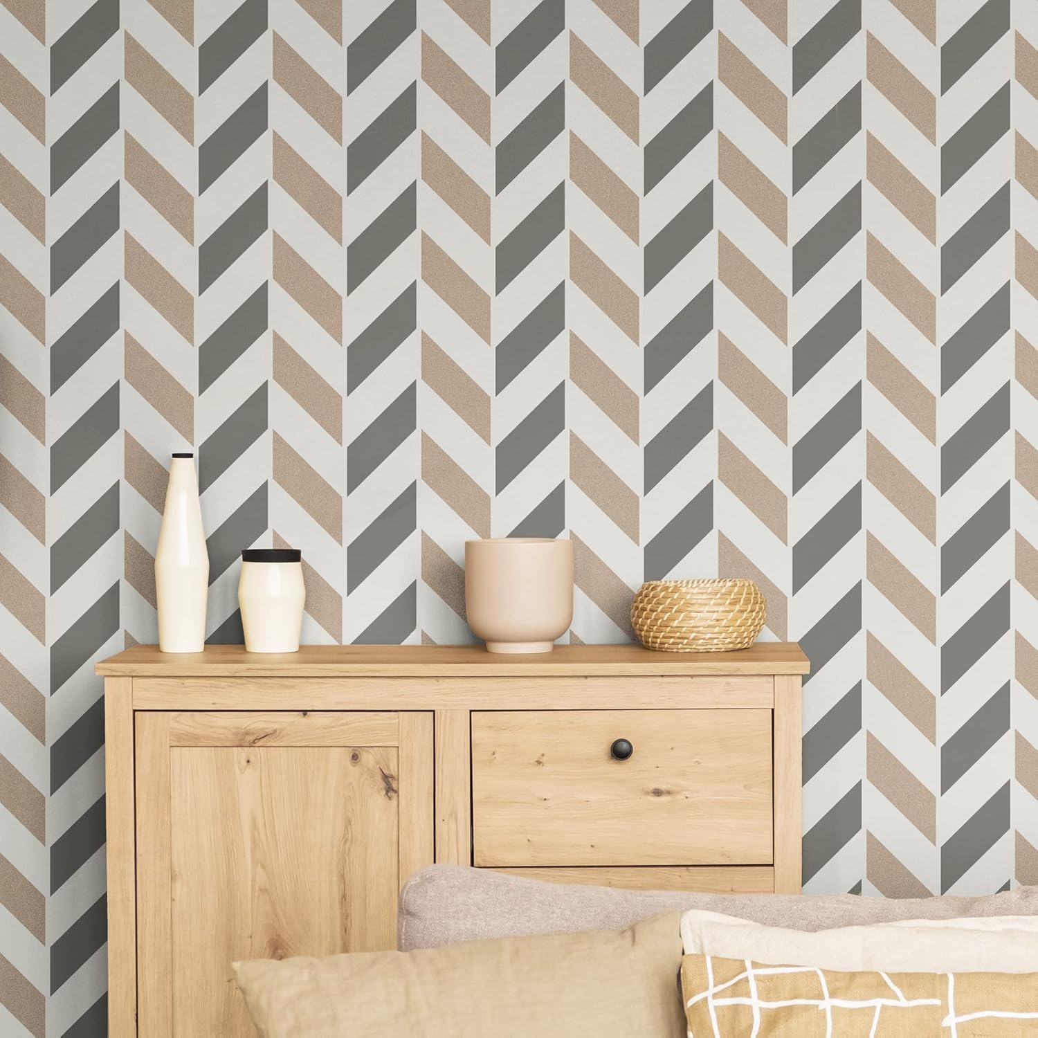 NAKLEO Reusable Plastic Wall Stencil - 59x95cm / 23” x 37” - Herringbone Chevron Zigzag Geometric - Large Seamless Repetitive Allover Wallpaper Pattern Painting DIY Craft Template