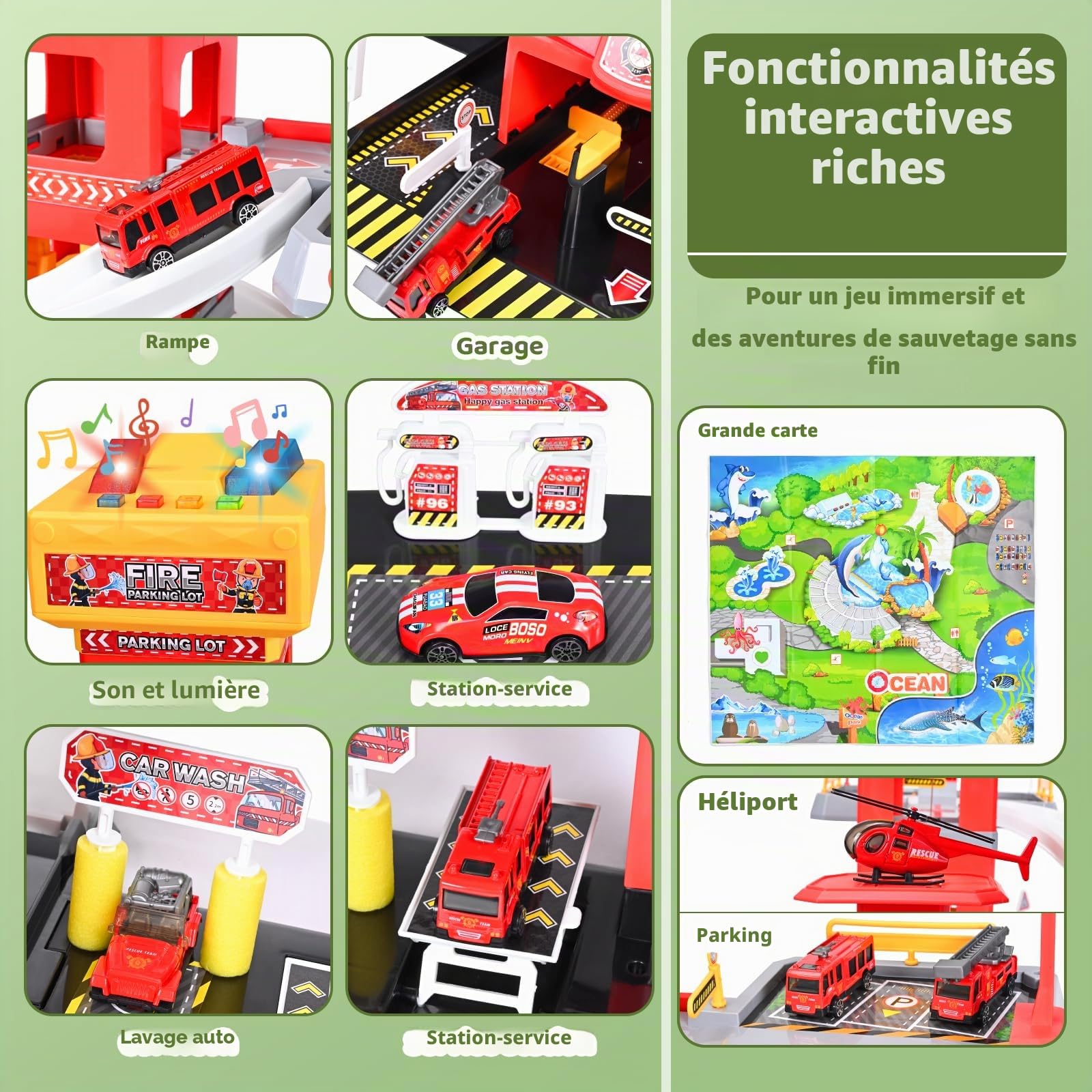 5 Etages Garage pour Enfants, Parking Jouet avec 12 Voitures et 1 Hélicoptère, Camion de Pompiers Jouet avec Ascenseur, Lumière et Son, Cadeaux pour Enfants de 3 4 5 6 7 8 9 Ans