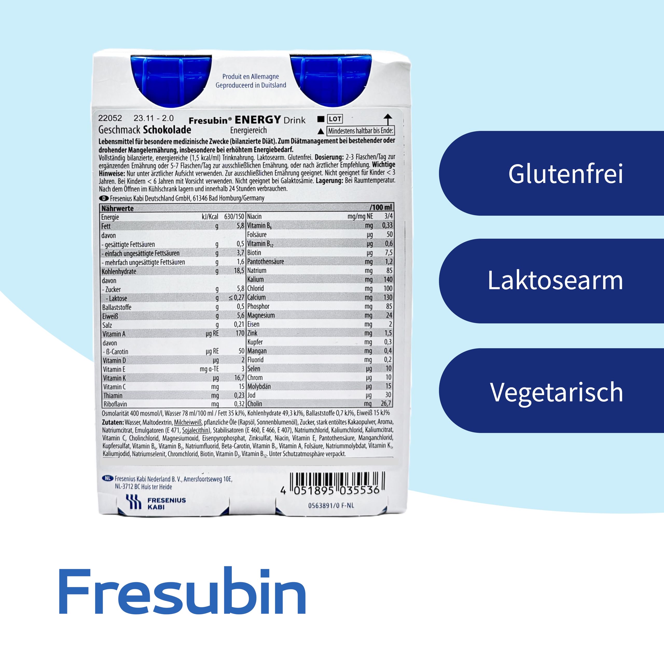 Fresubin Energy Drink - Schokolade Hochkalorische Trinknahrung von Fresenius Kabi, 300 kcal pro Flasche, laktosearm, Ballaststoffarm ideal bei Mangelernährung (200 ml (24er Pack), Schokolade)