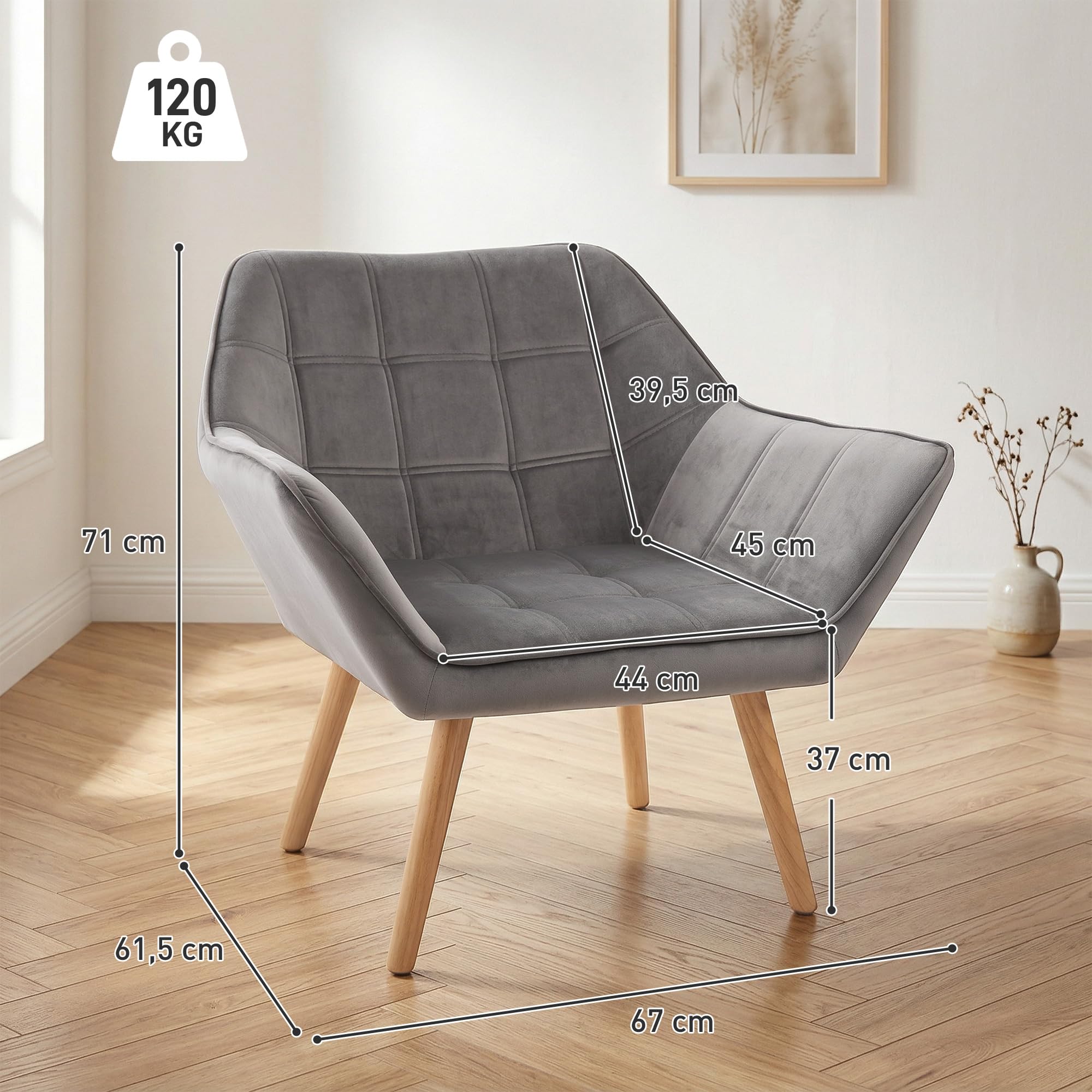 HOMCOM Butaca de Salón Moderna, Sillón Lectura Tapizado en Terciopelo con Patas de Madera, Fácil Montaje, Sillón Relax para Sala de Estar, Dormitorio y Balcón, Gris
