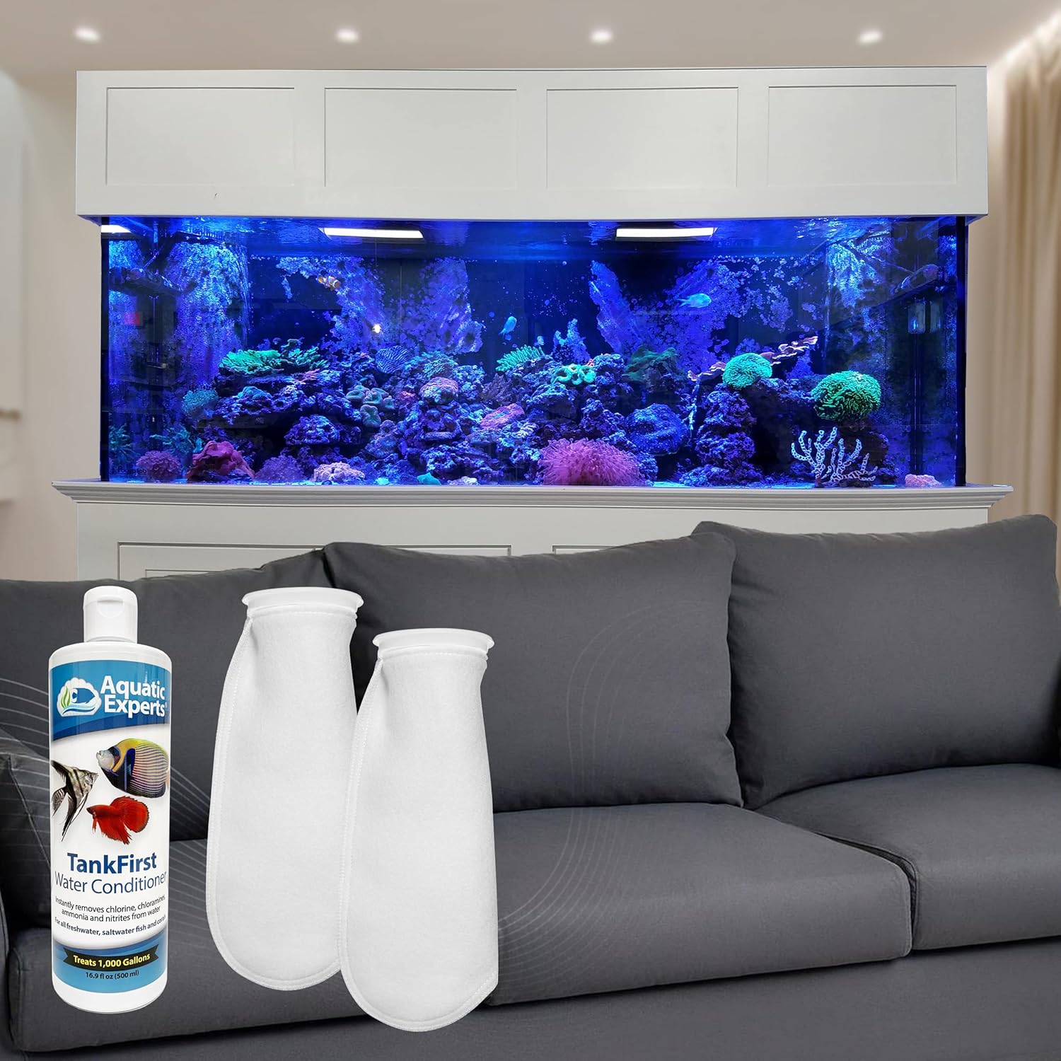 TankFirst Aquarium Water Conditioner 500 ml and 2-Pack, 4"x16" 100 Micron Felt Filter Socks