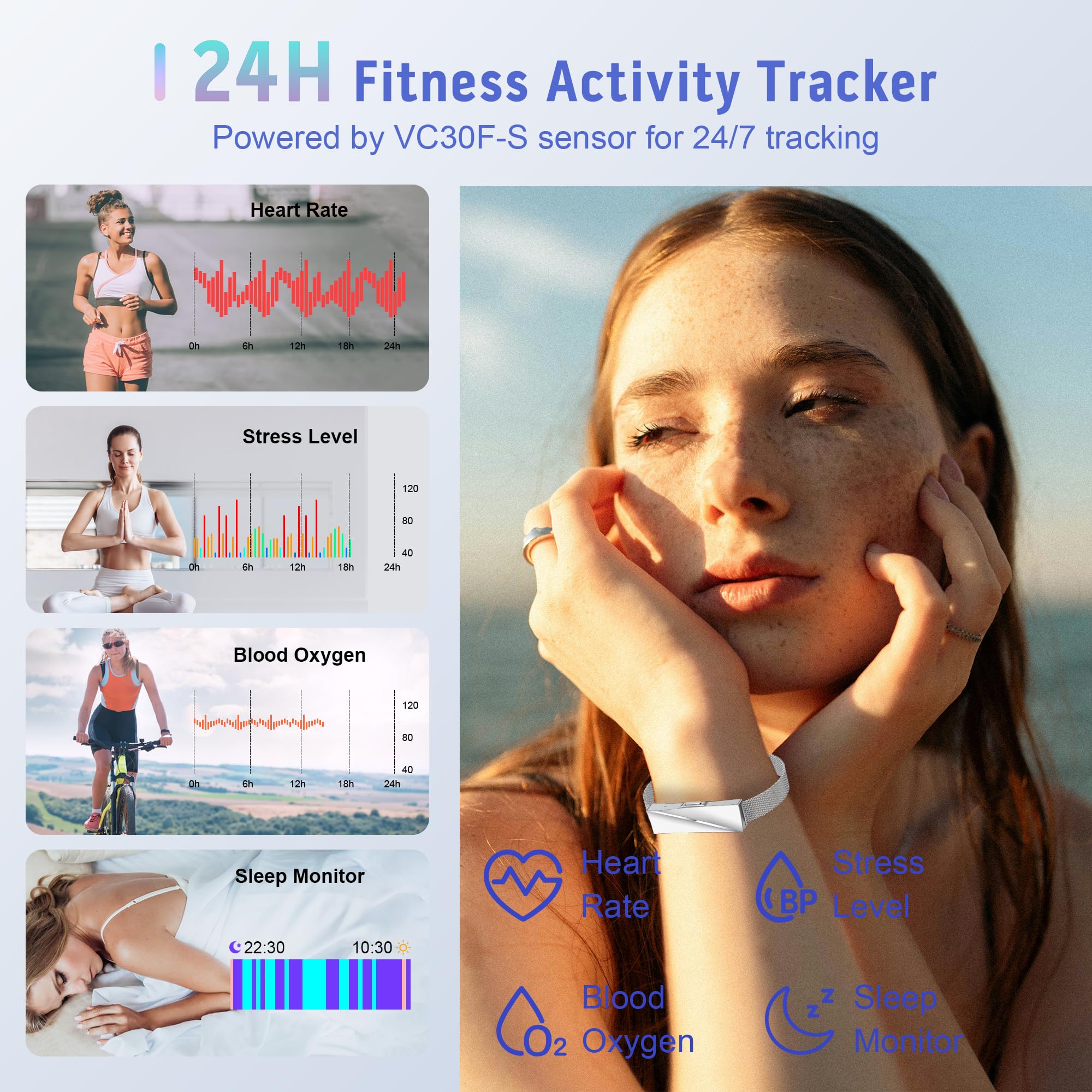 Montre Connectée avec 170+ Sport, GPS Bracelet Tracker avec IP68 Fréquence Cardiaque SpO2 Sommeil Podomètre Fitness Tracker, Montre Sport Femme avec Notification Bluetooth
