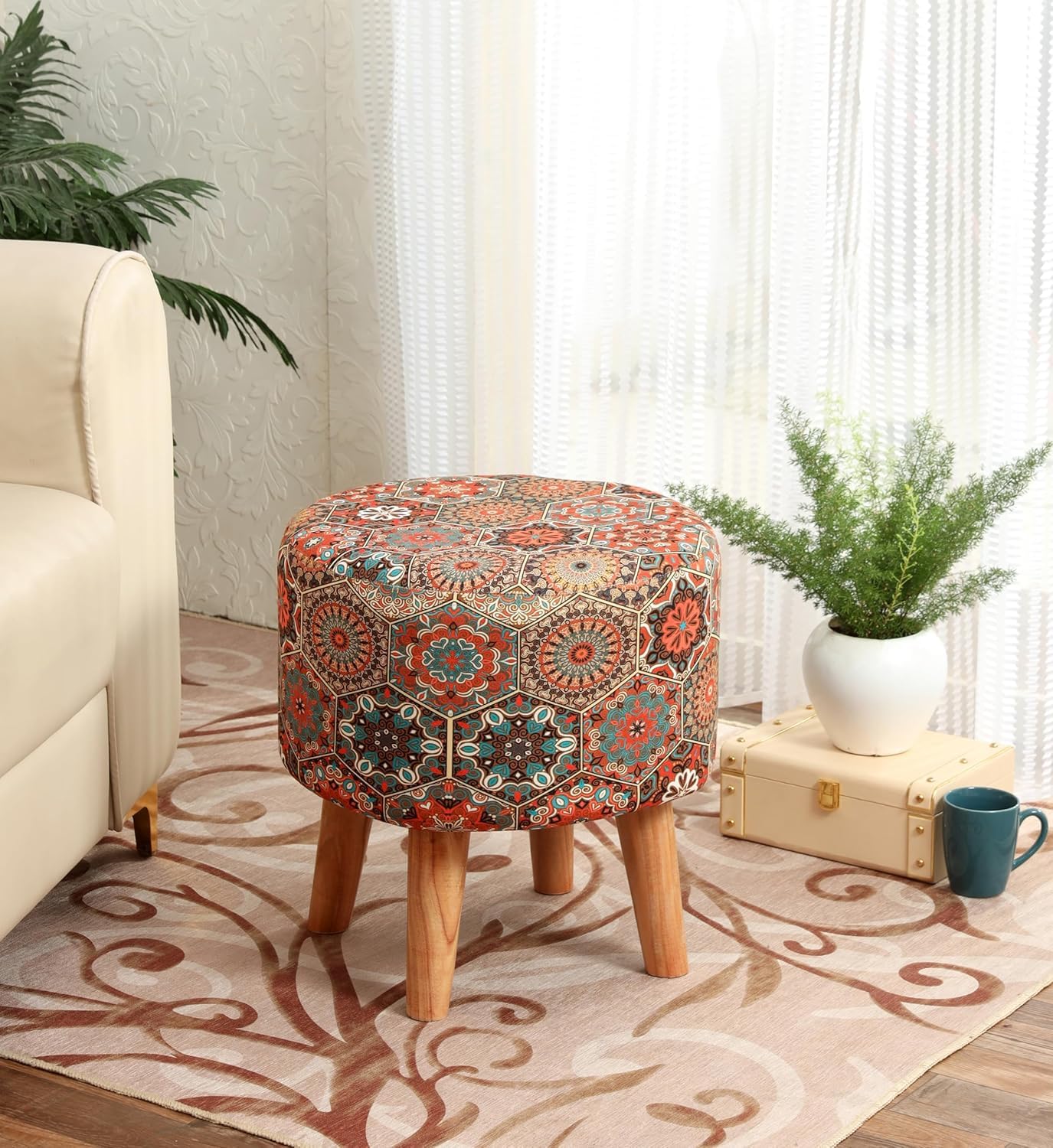Ottoman Stool for Sitting & Footrest (16 Inches) or Living Room, Balcony, Bedroom Vanity Pouf Stool | Furniture for Home Decor | Puffy Foam Wooden Leg Foot Stool (Print)-image-20