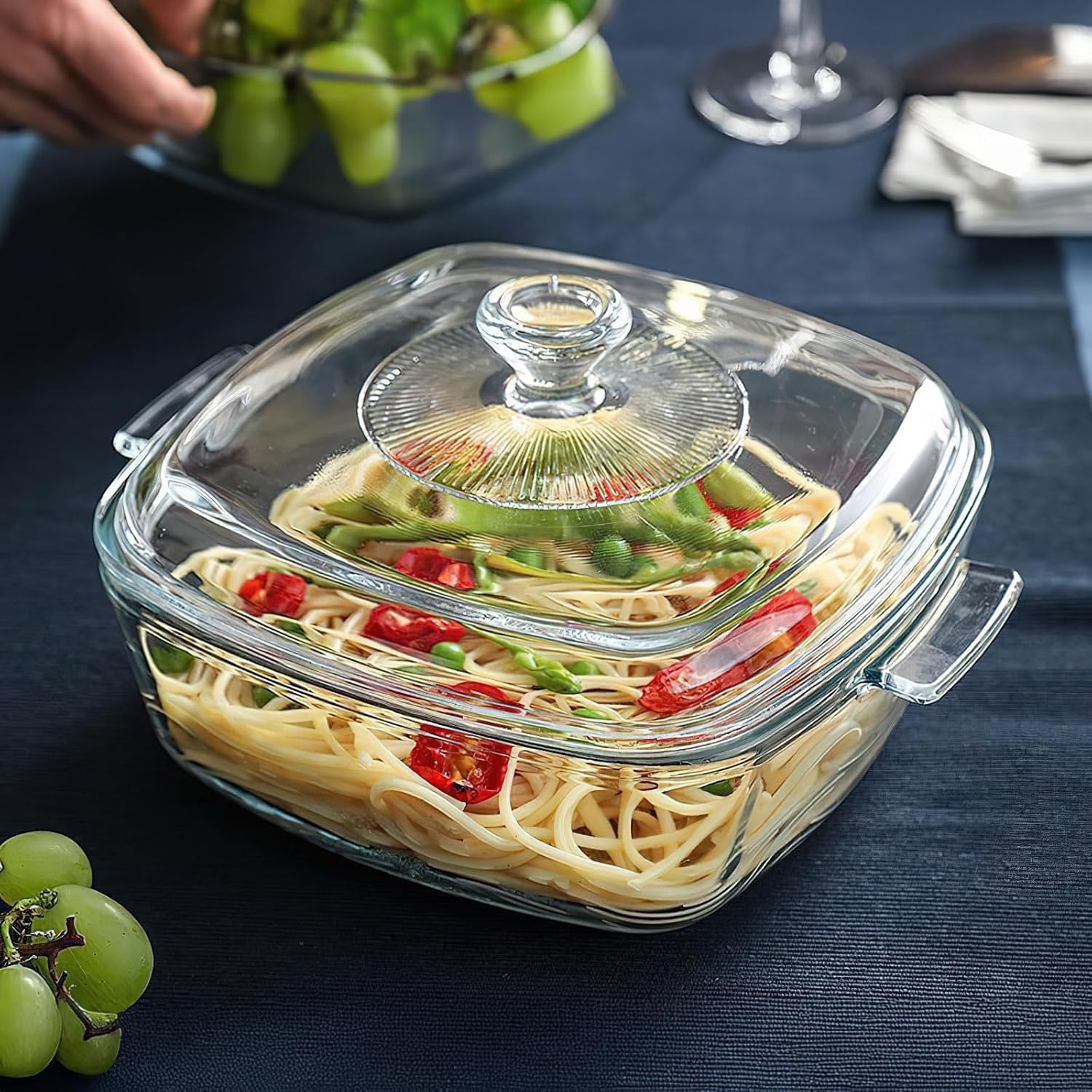 Confezione da 2 casseruole in vetro con coperchio, pirofila quadrata con manico in vetro borosilicato per forno, cucina, casa, feste, cucina, lavabile in lavastoviglie (0,8 L + 1,5 L)
