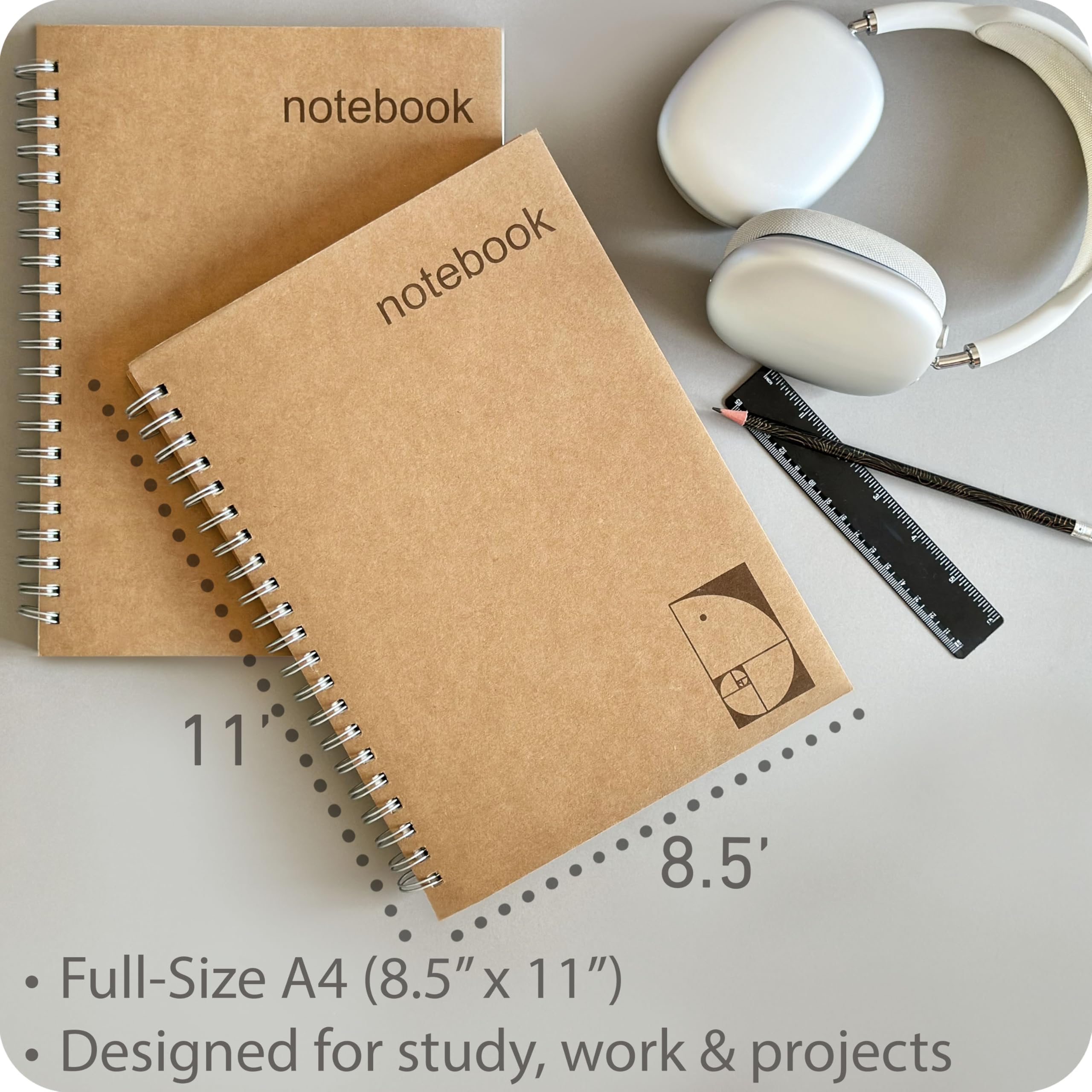 le vent Lot de 2 grands cahiers à spirale de 21,6 x 27,9 cm avec papier épais de 100 g/m² – Carnets quadrillés à quatre lignes pour mathématiques, sciences, ingénierie – 200 pages de papier couché à