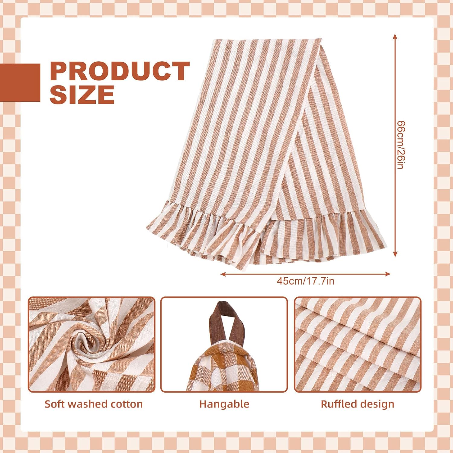 JarThenaAMCS 3 Pcs Light Brown Kitchen Towels Ruffled Gingham Cotton Dish Towels Plaid Stripe Absorbent Tea Cloths for Farmhouse Cleaning Drying Home Entertaining Party Table Supplies, 26 x 17.7 Inch