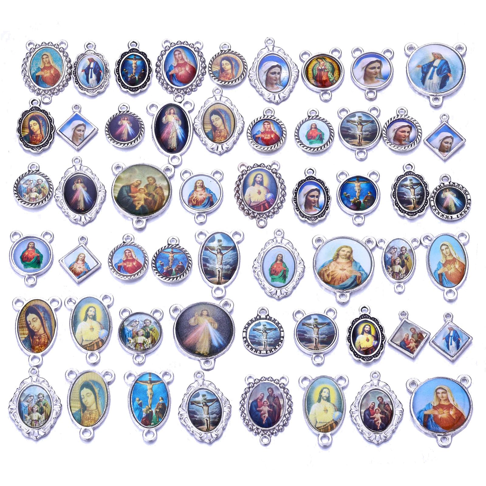 Rosfully80pcs Mix Picture Cross Jesus Virgin Mary Catholic Enamel Our Lady Miraculous Medal Floral Rosary Centerpiece Alloy Crucifix Jewelry making, Enamel, No Gemstone