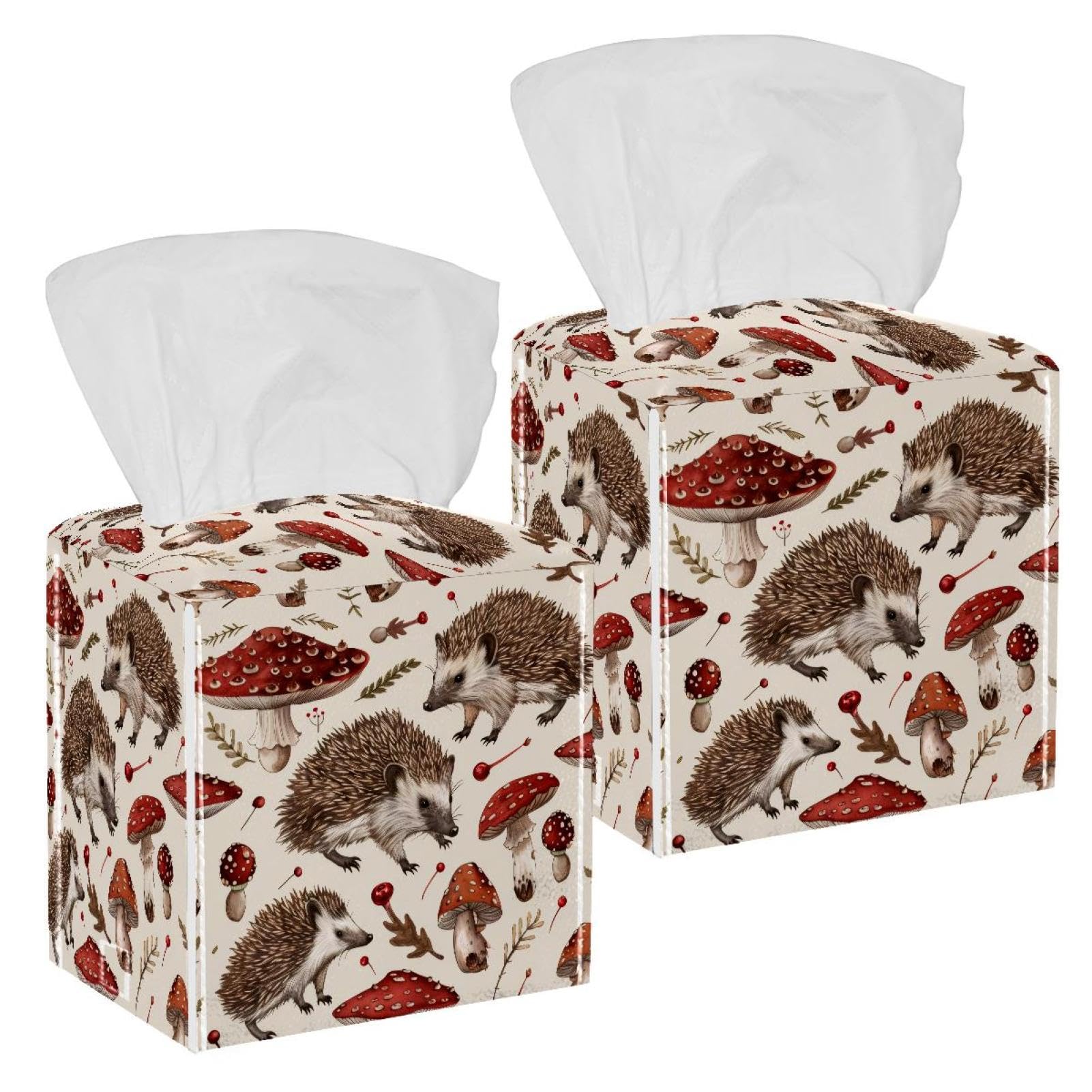 Hedgehogs Mushrooms Tissue Box Cover, 2 Pack PU Leather Square Facial Tissue Dispenser Box holder for Home Office Car
