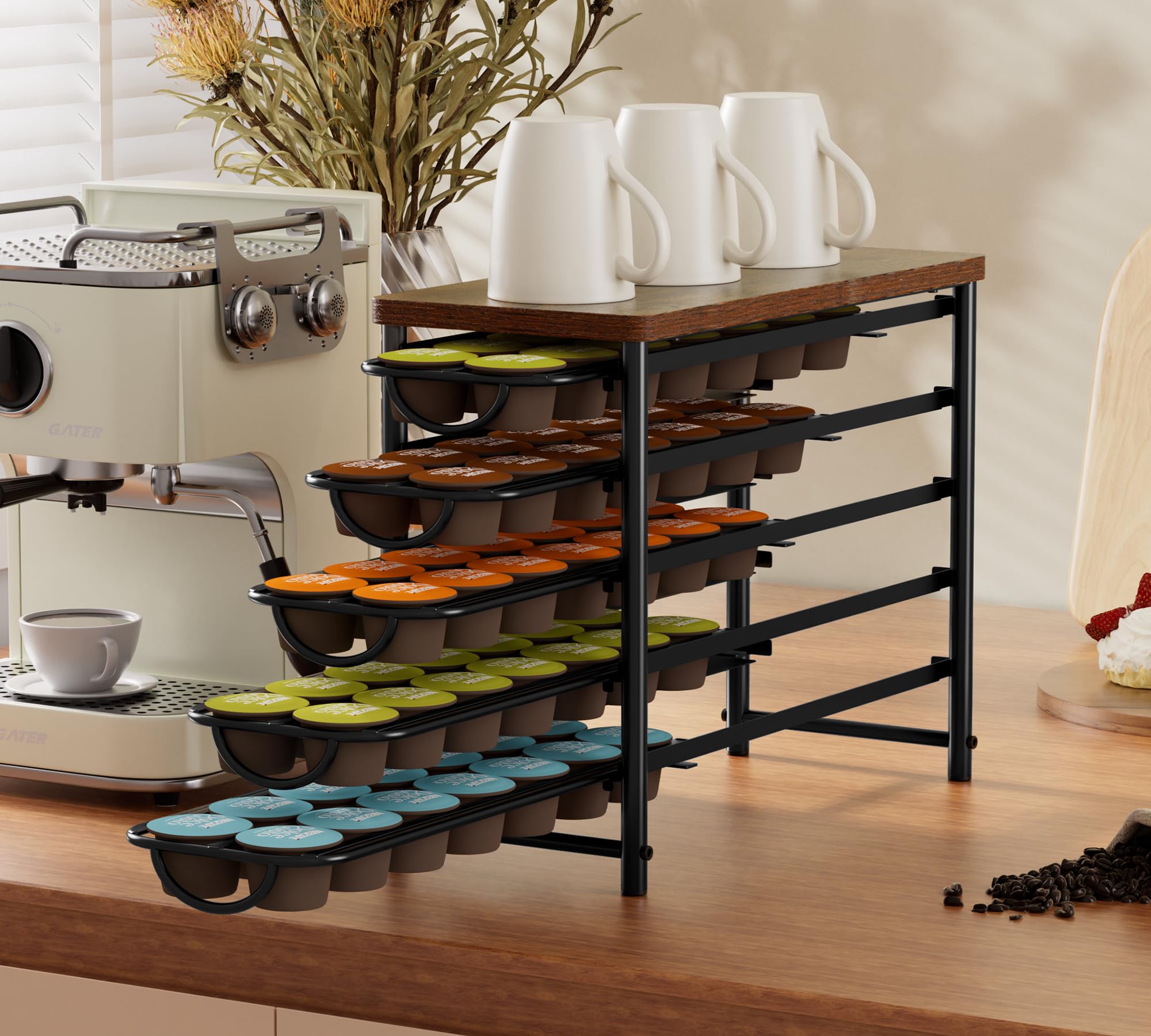 Soporte para cápsulas de café de 5 niveles para Dolce Gusto, capacidad de 70 cápsulas, almacenamiento de cápsulas de metal con parte superior de madera, organizador de cápsulas de café antideslizante
