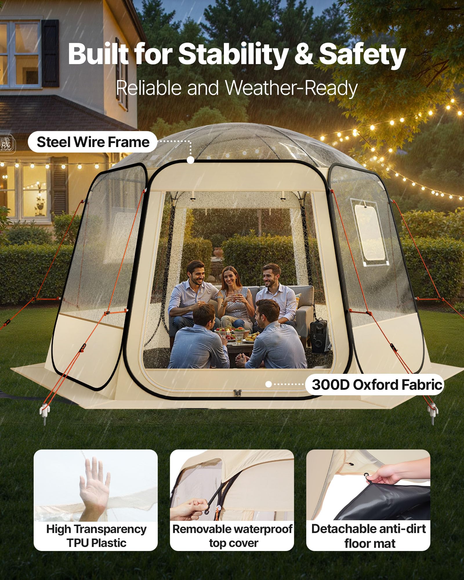 VEVOR Tienda de Campaña Plegable, 336 x 305 x 220 cm, Impermeable y Resistente a Los Rayos UV, Tienda Transparente con Ventanas y Vista Panorámica de 540° para 8-10 Personas para Patio y Jardín