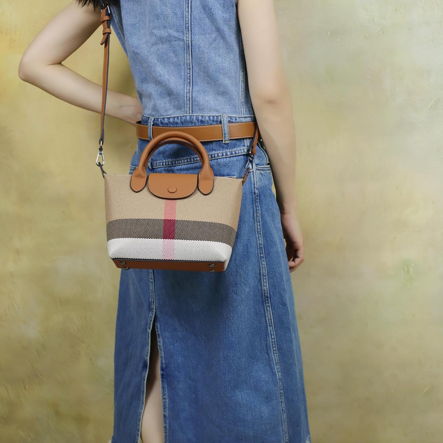 Mini Vintage Plaid purse handbags for women Small satchel purses canvas Genuine Leather Trim Adjustable crossbody - Image 3