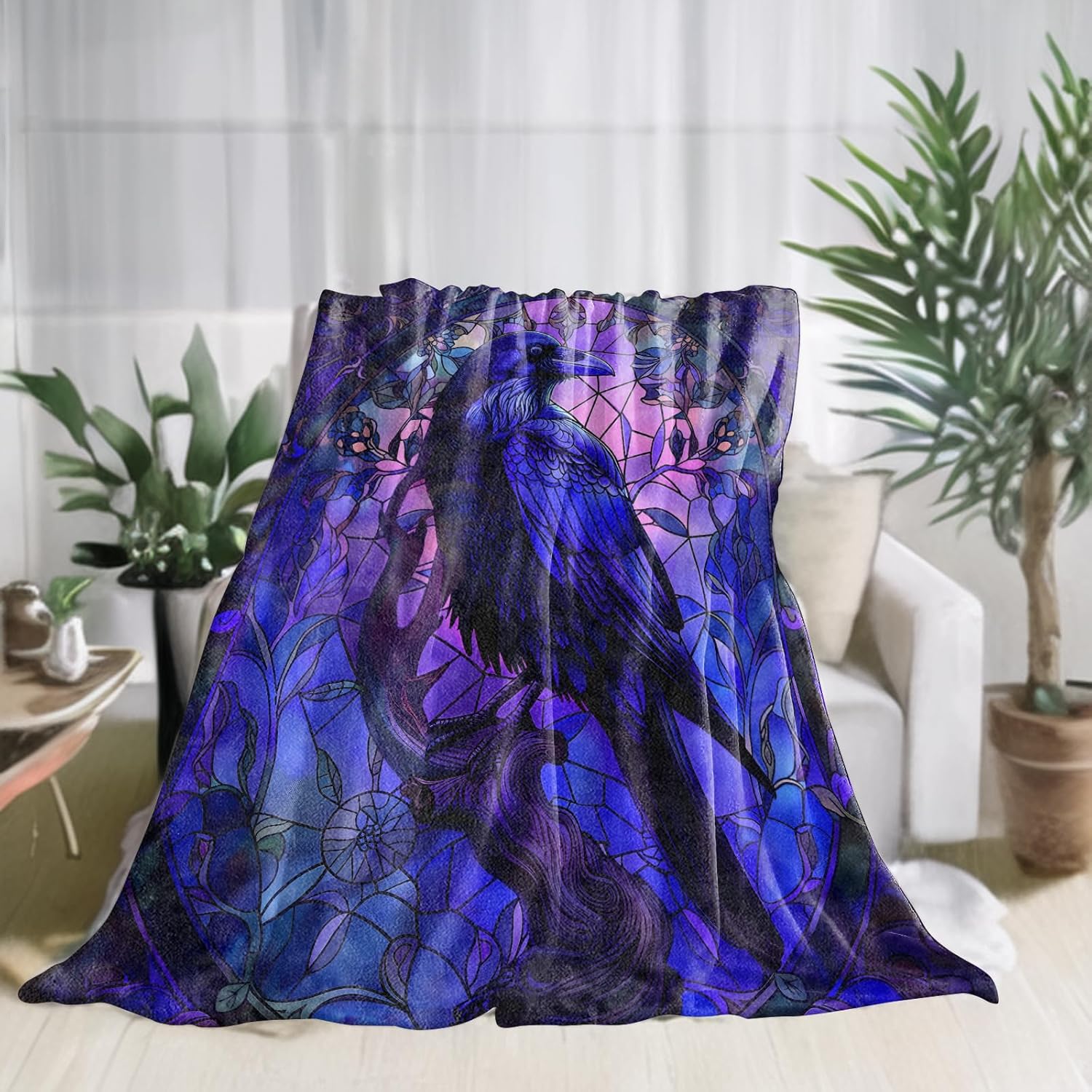 Gothic Blue Raven Flannel Blanket Stained Glass Mysterious Purple Floral Throw Blankets Lightweight Soft for Party Chair Bed Sofa Camping Travel,Home Goth Decor,Gifts Women,50x60in - Image 2