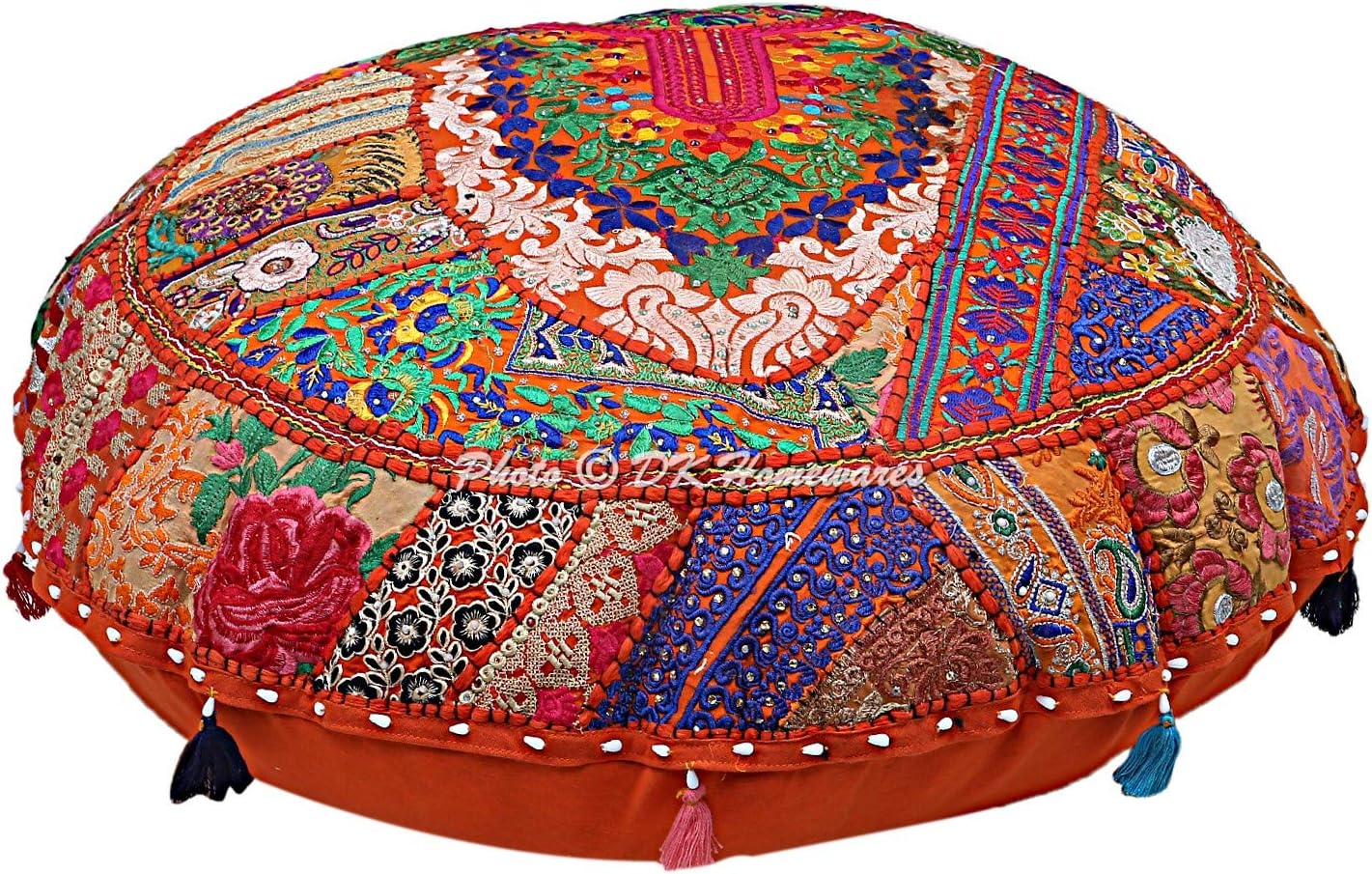 Indian Traditional Bohemian Floor Pillow for Kids Orange 40 Inch Patchwork Lounger Pouf Ottoman Home Decor Embroidered Vintage Cotton Round Floor Cushions for Adults 100 cm