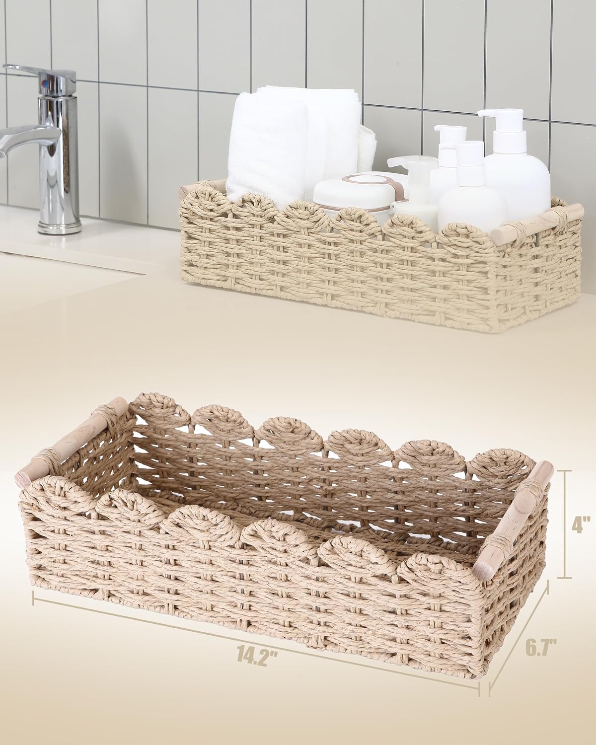 Sea Team Scalloped Edge Paper Rope Woven Storage Basket with Wooden Handles, Toilet Paper Organizer, Decorative Bin, Shelf Basket for Over Toilet Storage, End Table, Basin, Countertop, Neutral Beige