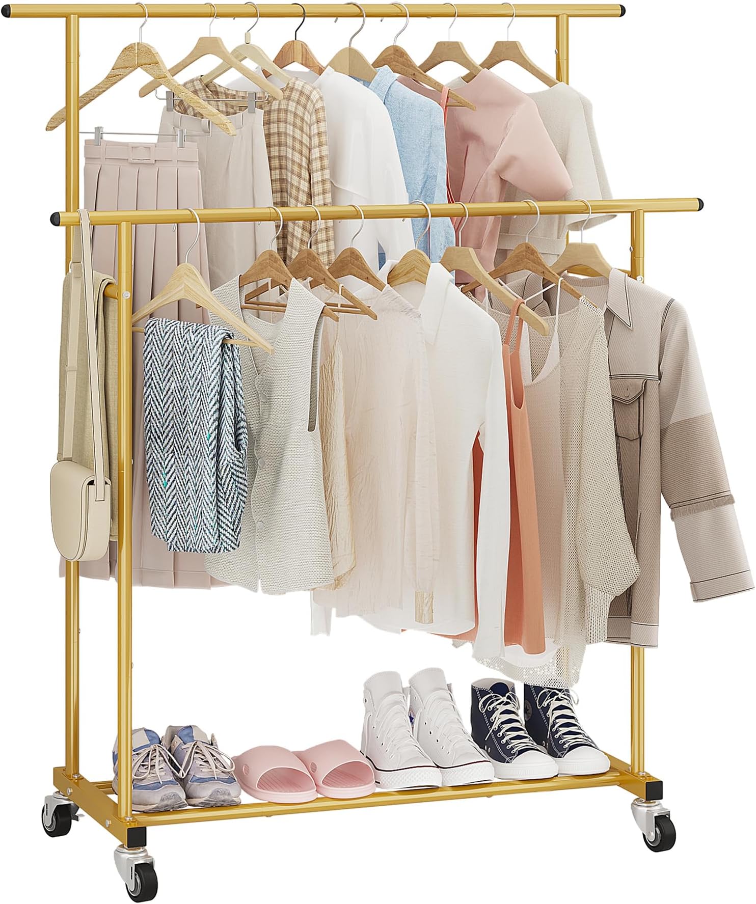 Calmootey Double Rod Clothing Garment Rack,Rolling Hanging Clothes Rack,Portable Clothes Organizer for Bedroom,Living Room,Clothing Store,Gold
