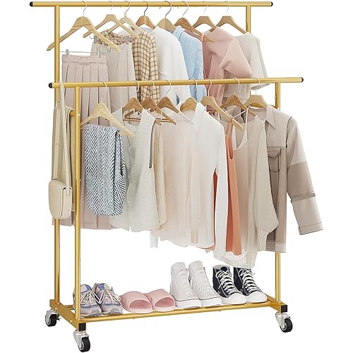 Calmootey Double Rod Clothing Garment Rack,Rolling Hanging Clothes Rack,Portable Clothes Organizer for Bedroom,Living Room,Clothing Store,Gold