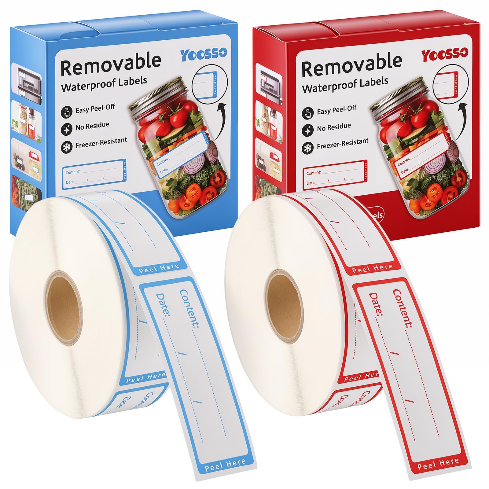 Yoosso Pcs Food Labels Roll, 1000 Removable Freezer Stickers, Red/Blue