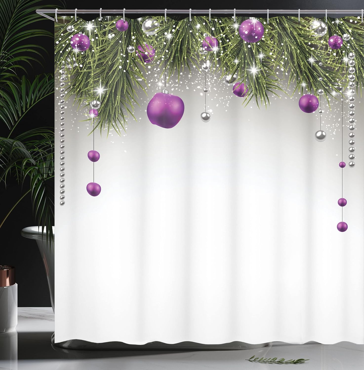 Ambesonne Christmas Shower Curtain, Tree with Tinsel and Ball with Present Wrap Ribbon Celebration Picture, Cloth Fabric Bathroom Decor Set with Hooks, 69" W x 70" L, Purple Grey