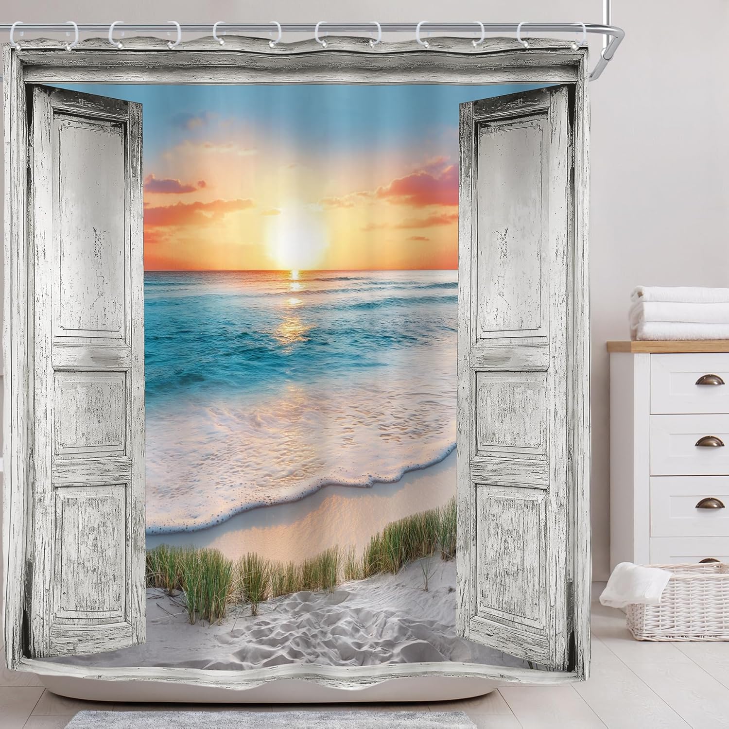 Riyidecor Ocean Beach Grey Barn Door Shower Curtain for Bathroom Decor 72Wx72H Hawaiian Sunset Scenery Sea Wave Retro Wood Rustic Nature Art Printed Fabric Polyester Waterproof 12 Pack Plastic Hooks