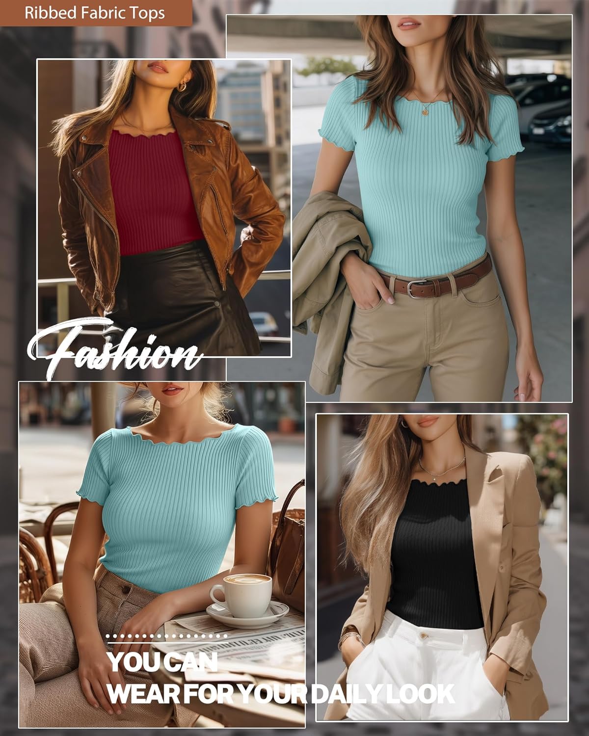 Riyiper 3 Pack Women's Boat Neck Ribbed Tops Lettuce Trim Short Sleeve T-Shirts Crop Fitted Summer Basic Tees Shirt - Image 2