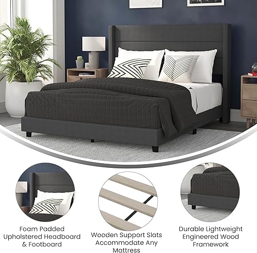 Miniatura 5 de EMMA + OLIVER Holt - Cama moderna tapizada de lino sintético cosido con canal de carbón con cabecera trasera y listones de soporte de madera no