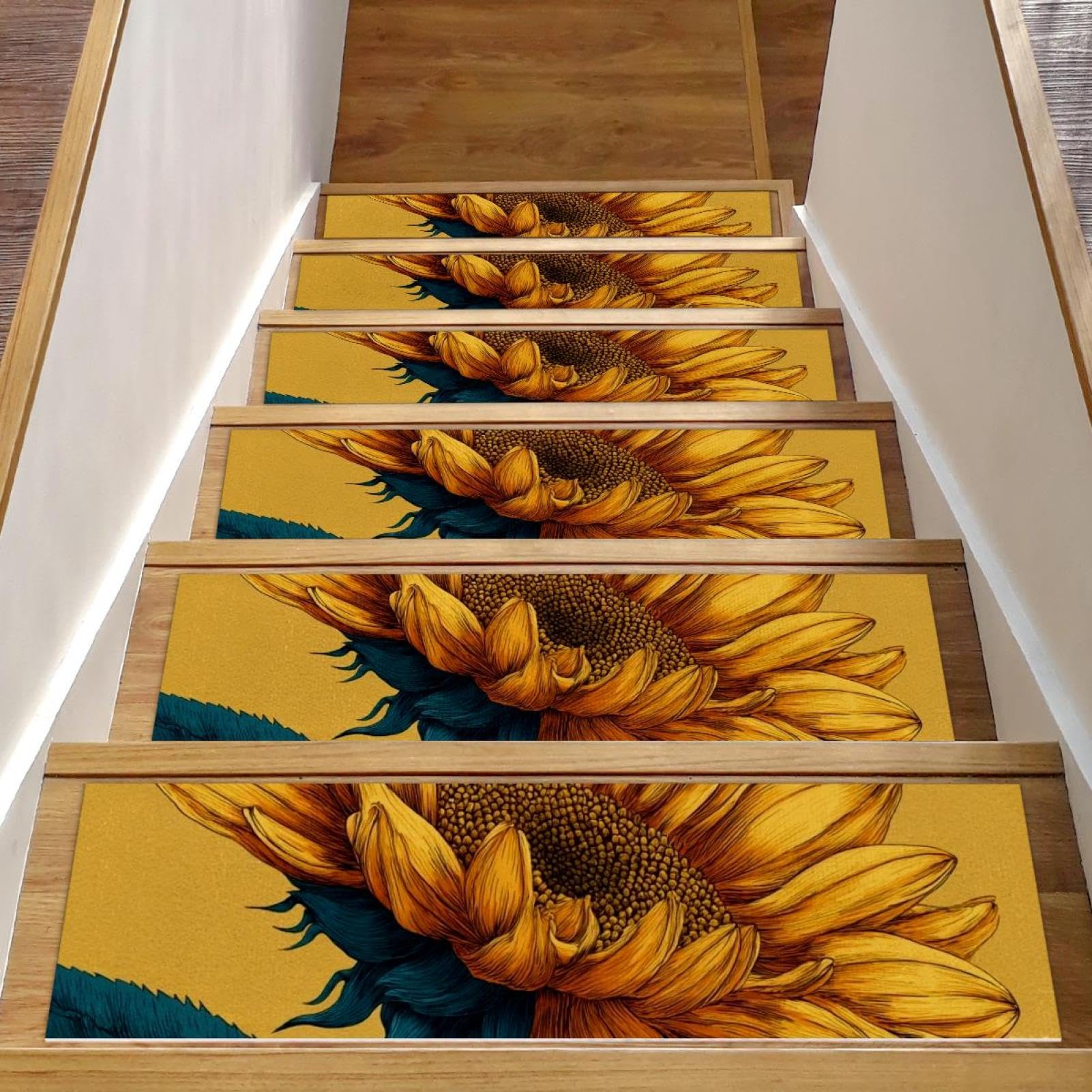 Marches d'escalier antidérapantes x15 en bois au motif tournesol