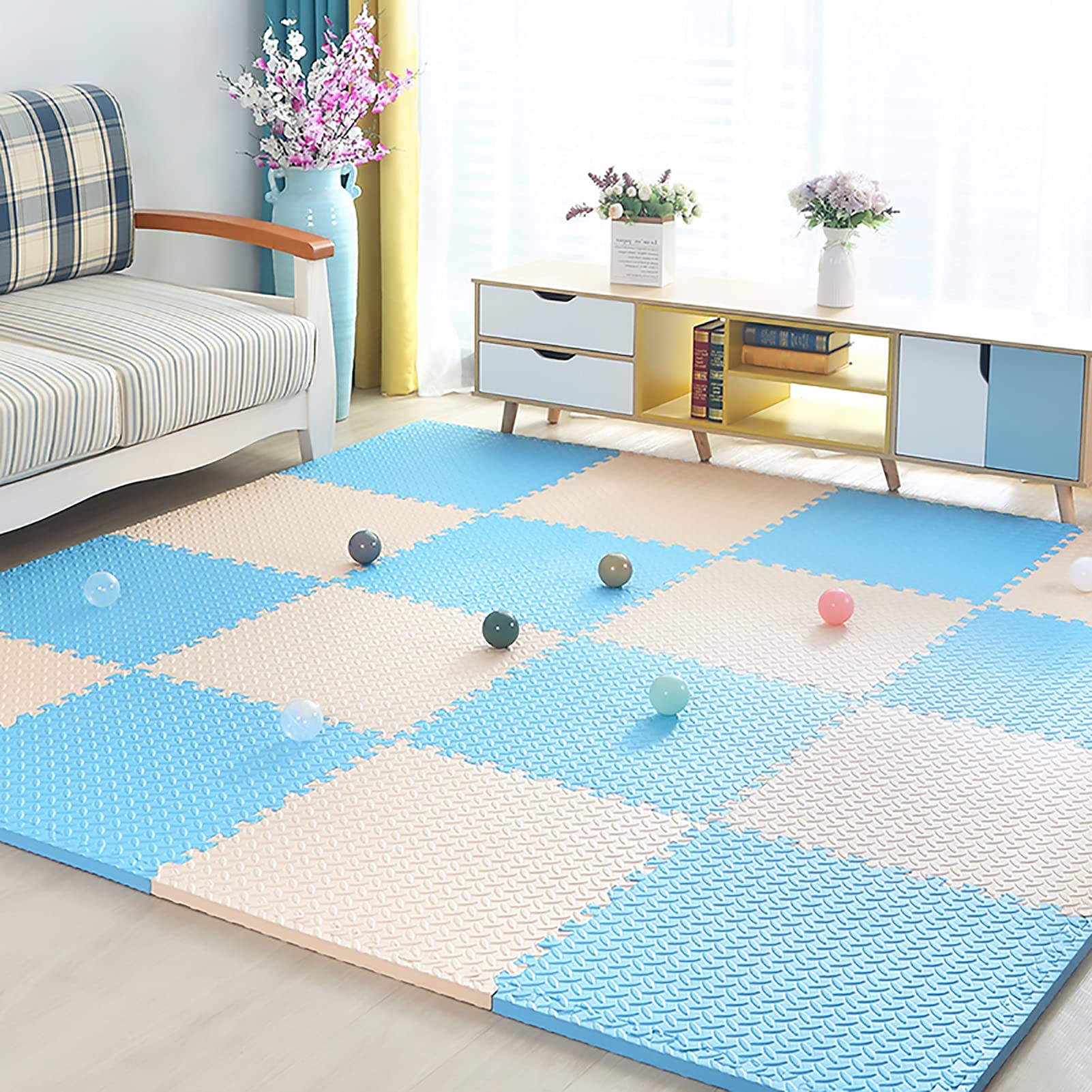 Alfombrillas De Juego para Bebés 30X30x2,5 Cm, Alfombra Puzzle Niños Multicolores,Alfombrillas De Rompecabezas De Espuma para Habitación De Niños Sala De Estar Gimnasio,Beige+Blue,32pcs