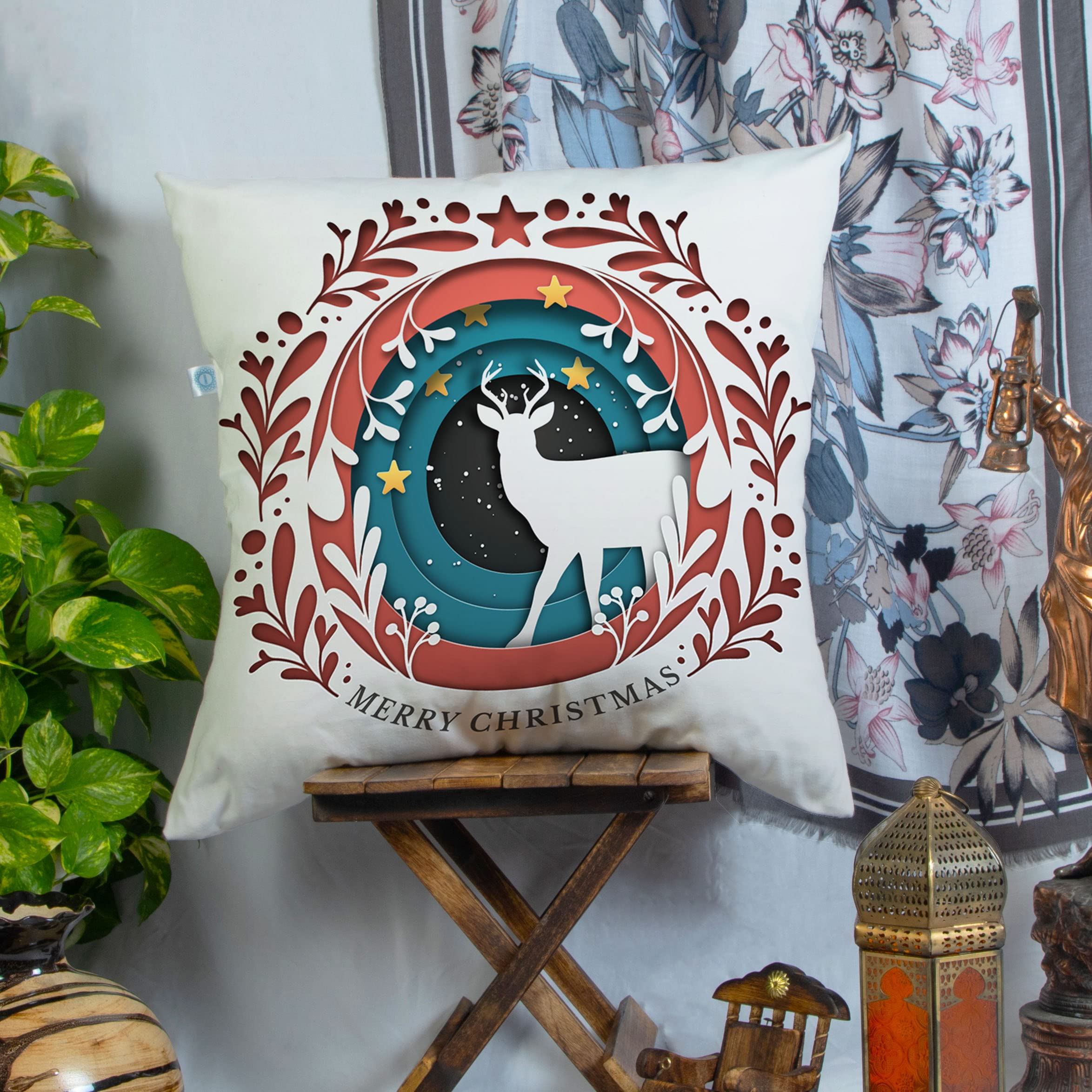 BRICK HOMEMerry Christmas Printed Cotton Canvas Cushion Cover Pack of 1 (16x16 Inches)