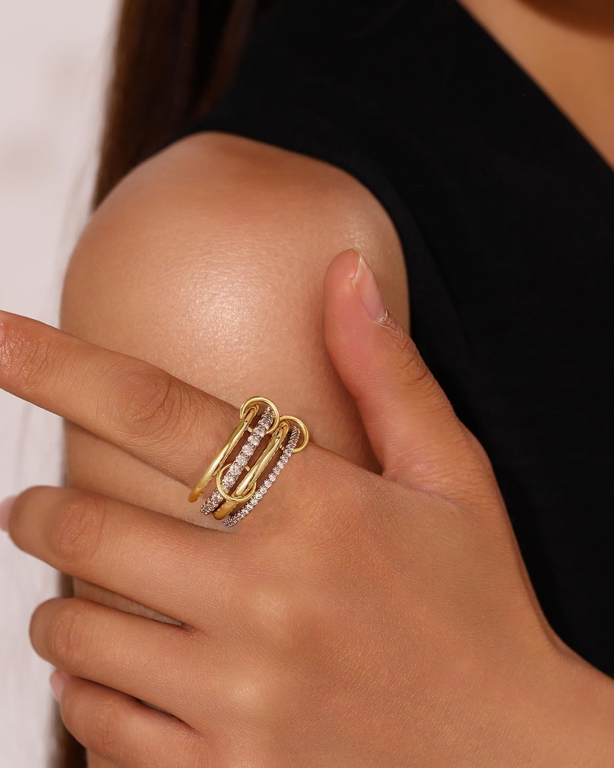 14K Gold Interlocking Stackable Rings for Women – Silver Gold Stack Ring Set with CZ, Two Tone Interlocked Stacked Ring, Multi-layer Statement Ring Jewelry - Image 2