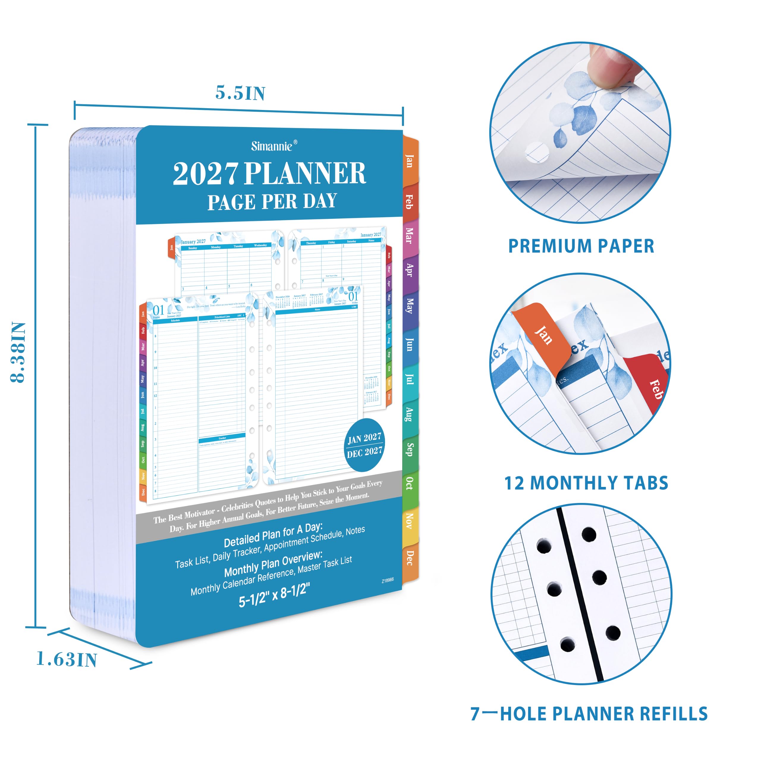 Nachfüllpackungen für 2026 – Januar 2026 – Dezember 2026, 2026 Planer-Nachfüllpackungen, zwei Seiten pro Tag täglich und monatlich, 21,3 x 14 cm, Ringbindung mit Registerkarten | A5 Planer-Einlagen, 21,29 cm x 14 cm, zwei Seiten pro Tag, Tages- und Monats