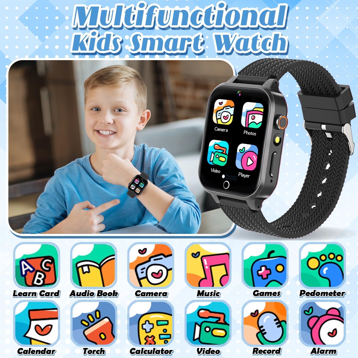 Tywop Reloj inteligente para niños y niñas de 3 a 12 años con 26 juegos de rompecabezas, cámara de video HD, pantalla táctil, reproductor de música, tarjetas de aprendizaje, libro de cuentos,