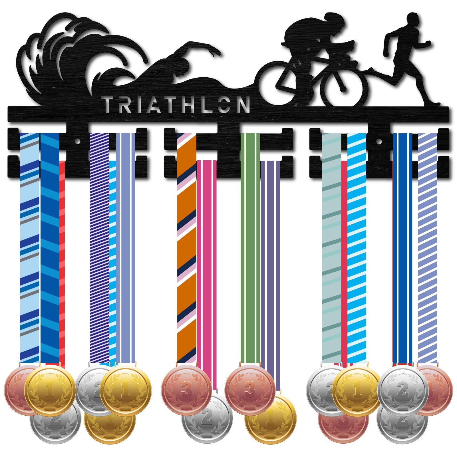 CREATCABIN Porta Medaglie Triathlon Porta Medaglie Sportive Parete Premi Gara 2 Fila Ganci 30+ Nastri Medaglie Espositore Sospeso Nuoto Ciclismo Corsa Atleti Regalo Vincitori 40x15cm