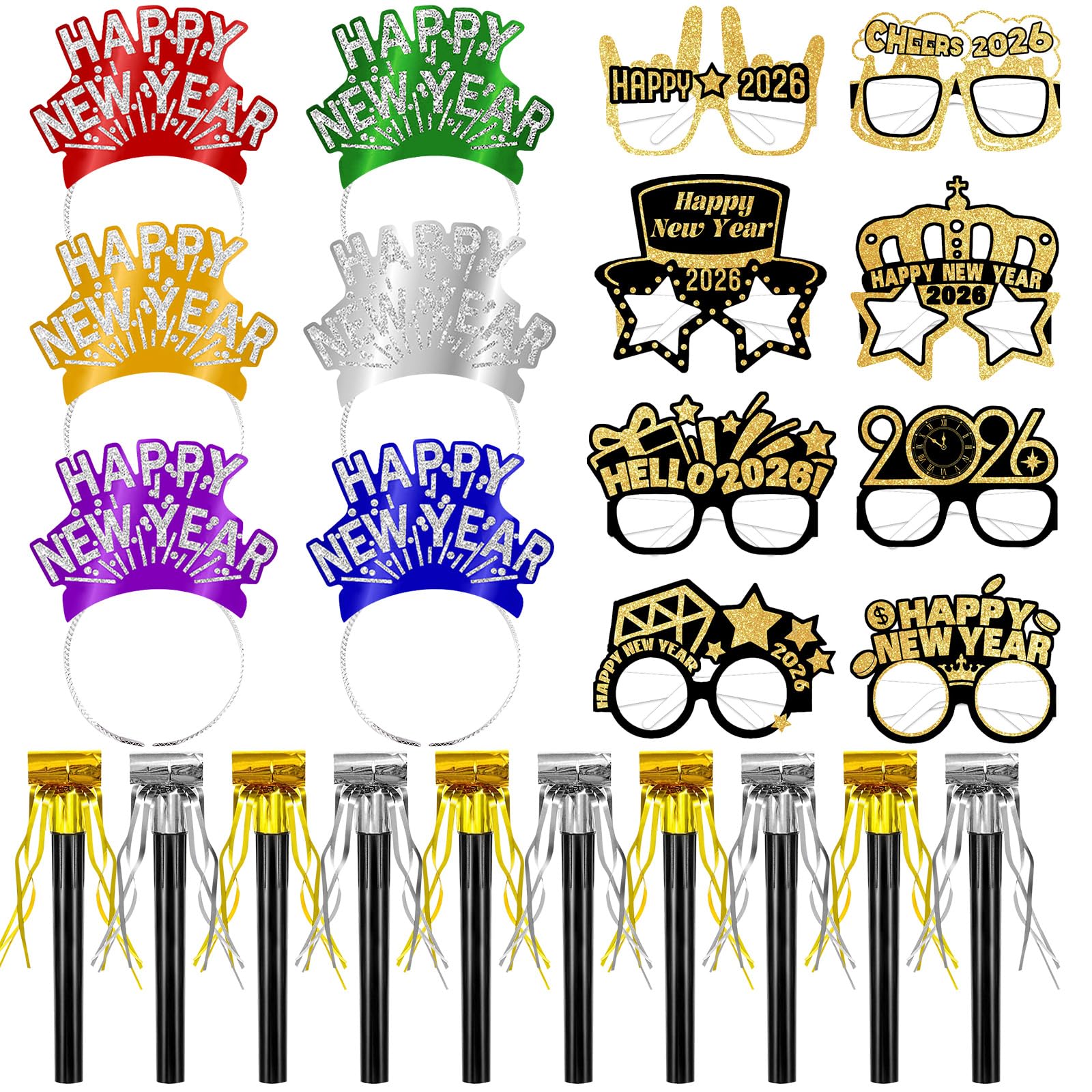 Openfly 24Pcs New Years Eve Party Supplies 2026 Happy New Years Party Headband Hats New Year Glasses New Year Noise Makers