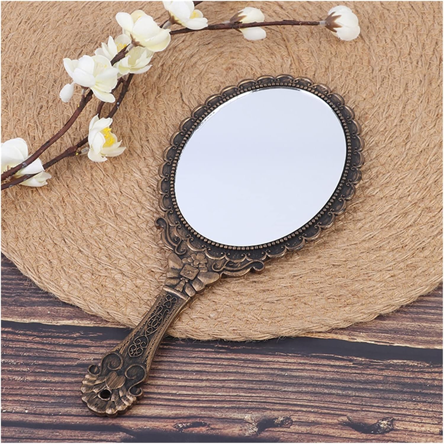 Carved Handheld Vanity Makeup Hand Handle Cosmetic Compact Women