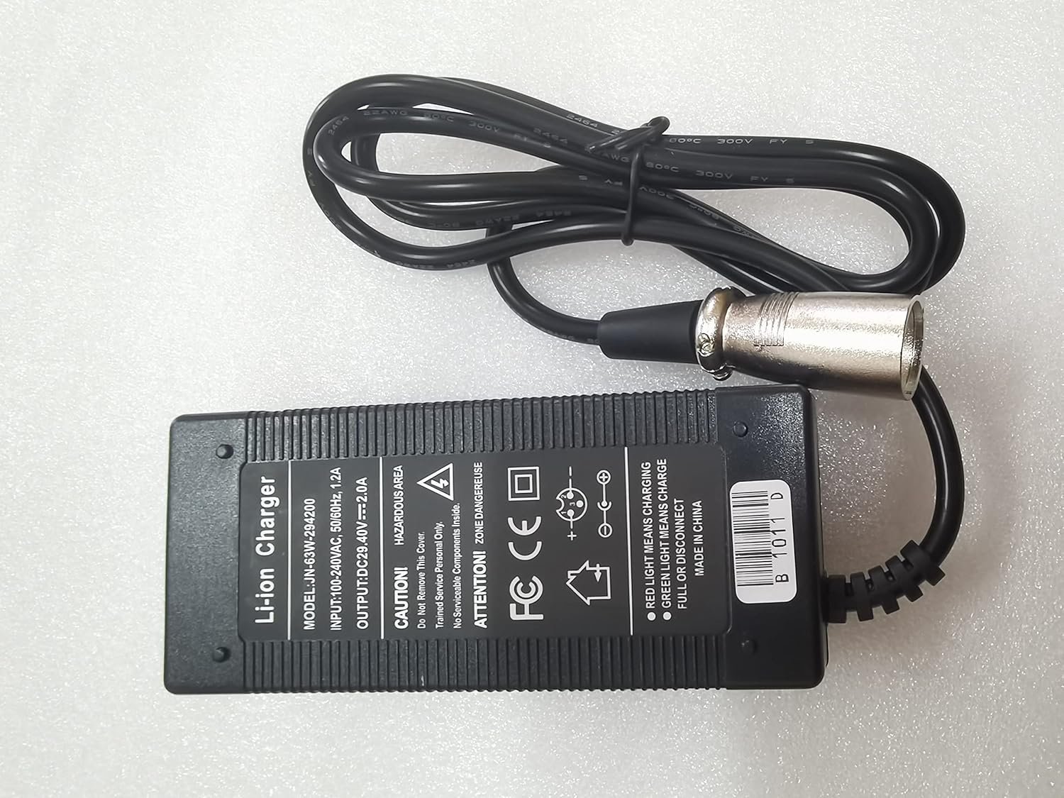Top-down view of the ENCAREFOR 24V 2A Lithium Battery Charger, displaying the main unit, AC power cord, and DC output cable with the 2-pin connector.