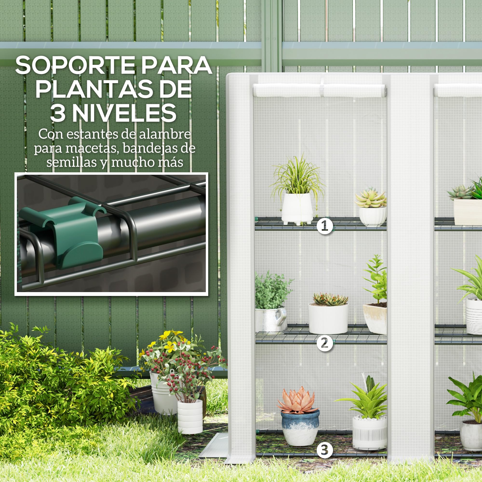 Outsunny Invernadero de Exterior con Techo Inclinado 144x48x152 cm Blanco | Invernadero Pequeño, 3 Estantes, 2 Puertas Enrollables, Cubierta de PE y Marco de Acero, para Cultivos Plantas Flores