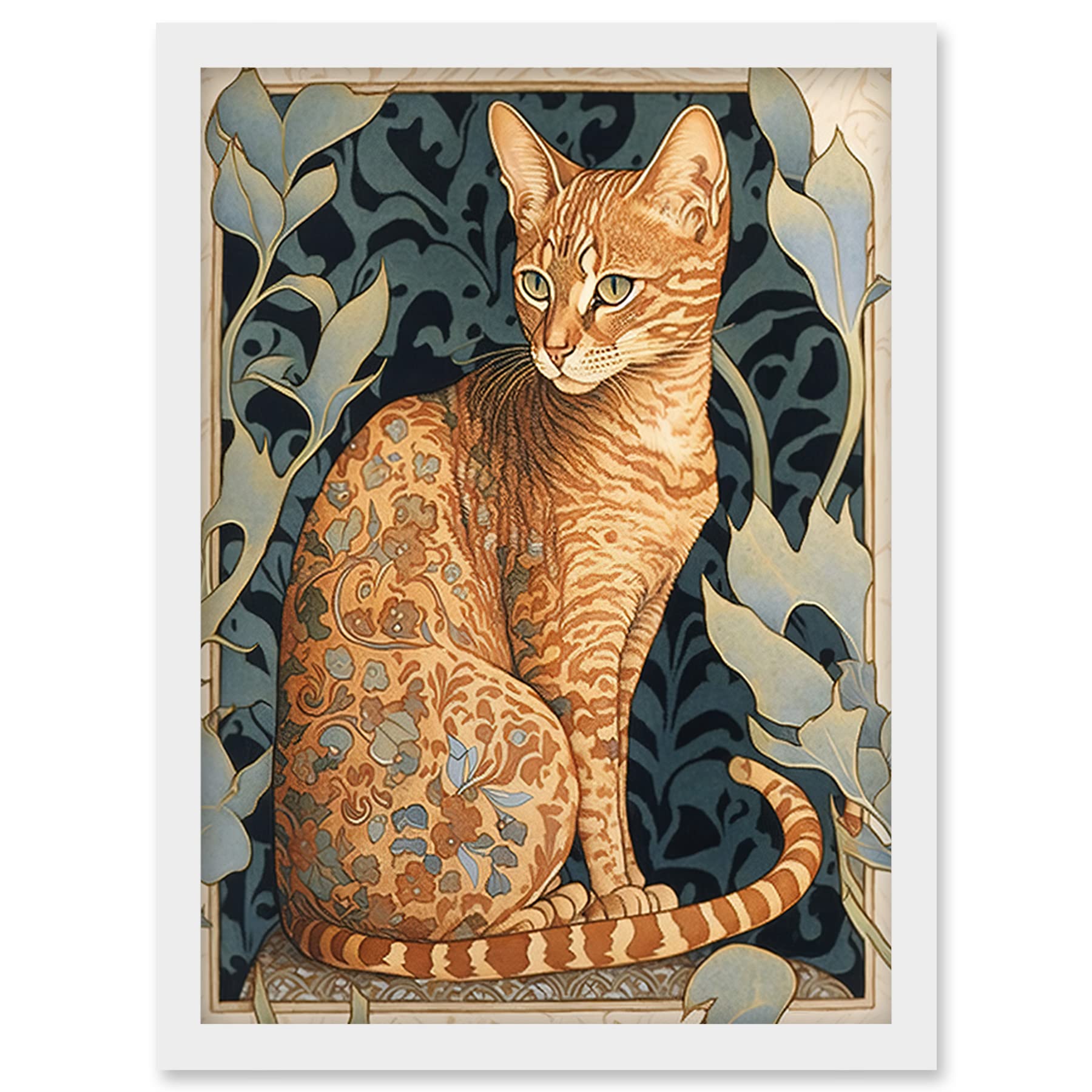 Artery8 Ocicat Cat with Flower Pattern Fur Coat Art Nouveau Watercolour Illustration Artwork Framed Wall Art Print A4