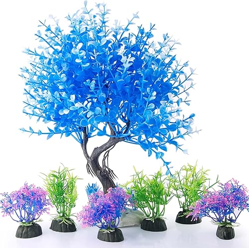 Miniatura 6 de HITOP Plantas de plástico para decoración de pecera de peces decoración de acuario artificial grande Azul (Blue Tree)