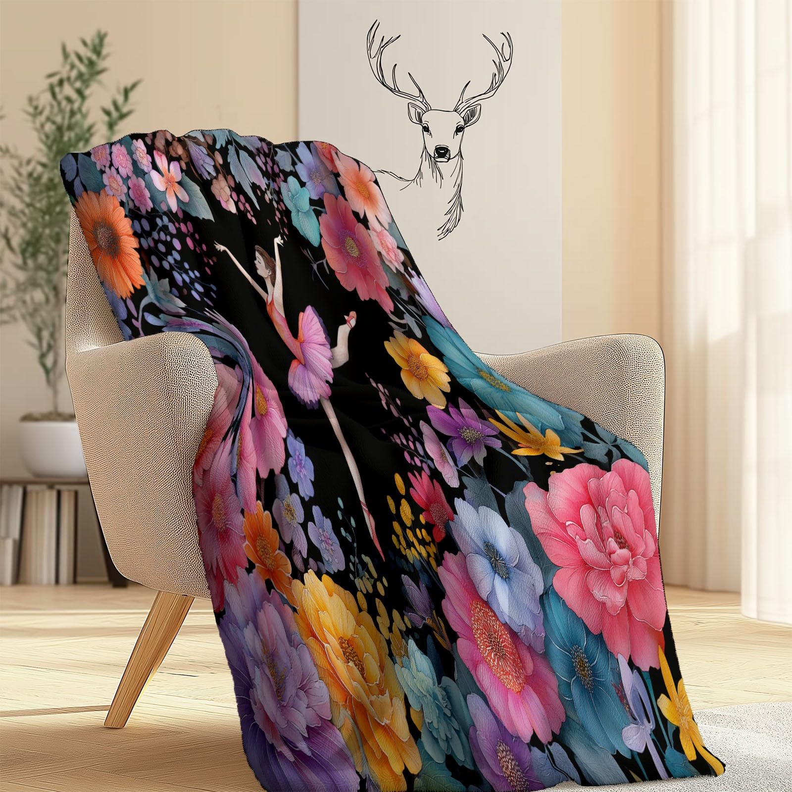 Kocyk dziecięcy z nadrukiem, 180 x 200 cm, akwarelowy, baletowy, kwiatowy, elegancki, miękki, pluszowy, narzuta na łóżko, sofę, do biura, na kemping, krzesło, do salonu, szaro-niebieski, rozmyty koc