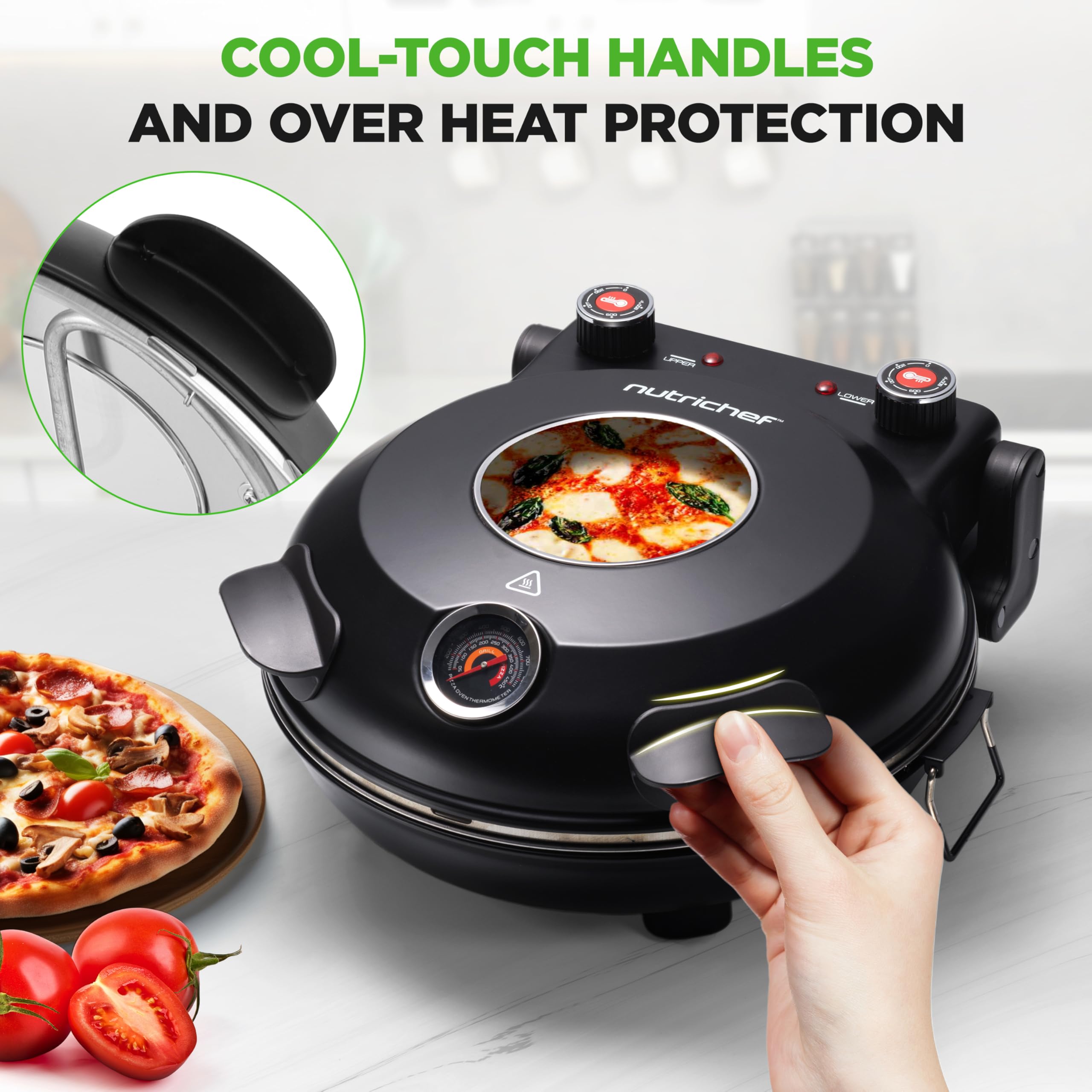 NutriChef Piekarnik elektryczny do pizzy 12” | Maker do pizzy na blat z kontrolą temperatury | Okno pieczenia | Podgrzewa do 800°F | Kamień nieprzywierający, łatwy do czyszczenia | Czarny