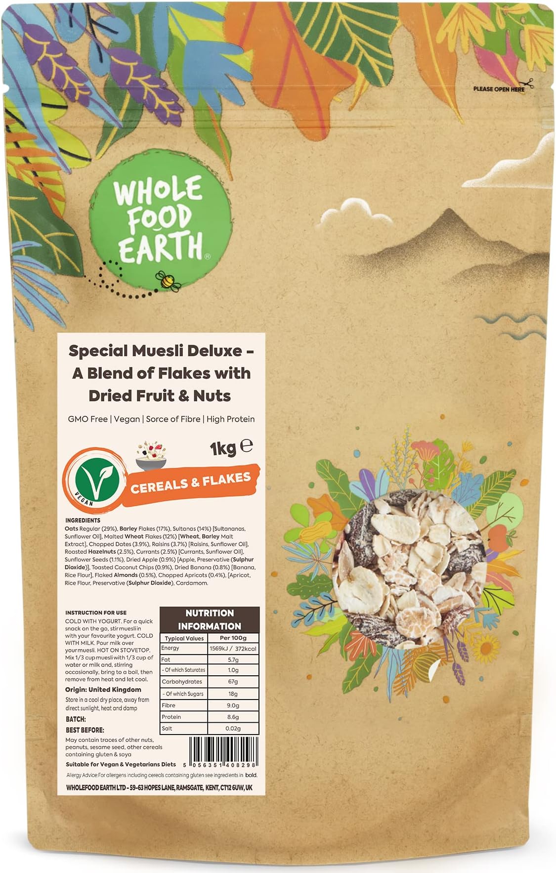 Whole Food Earth® - Special Muesli Deluxe - A Blend of Flakes with Dried Fruit and Nuts 1 kg | GMO Free | Vegan | Sorce of Fibre | High Protein