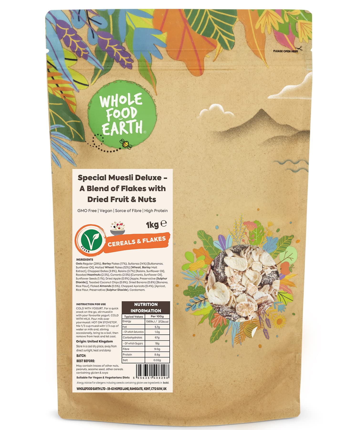 Whole Food Earth® - Special Muesli Deluxe - A Blend of Flakes with Dried Fruit and Nuts 1 kg | GMO Free | Vegan | Sorce of Fibre | High Protein