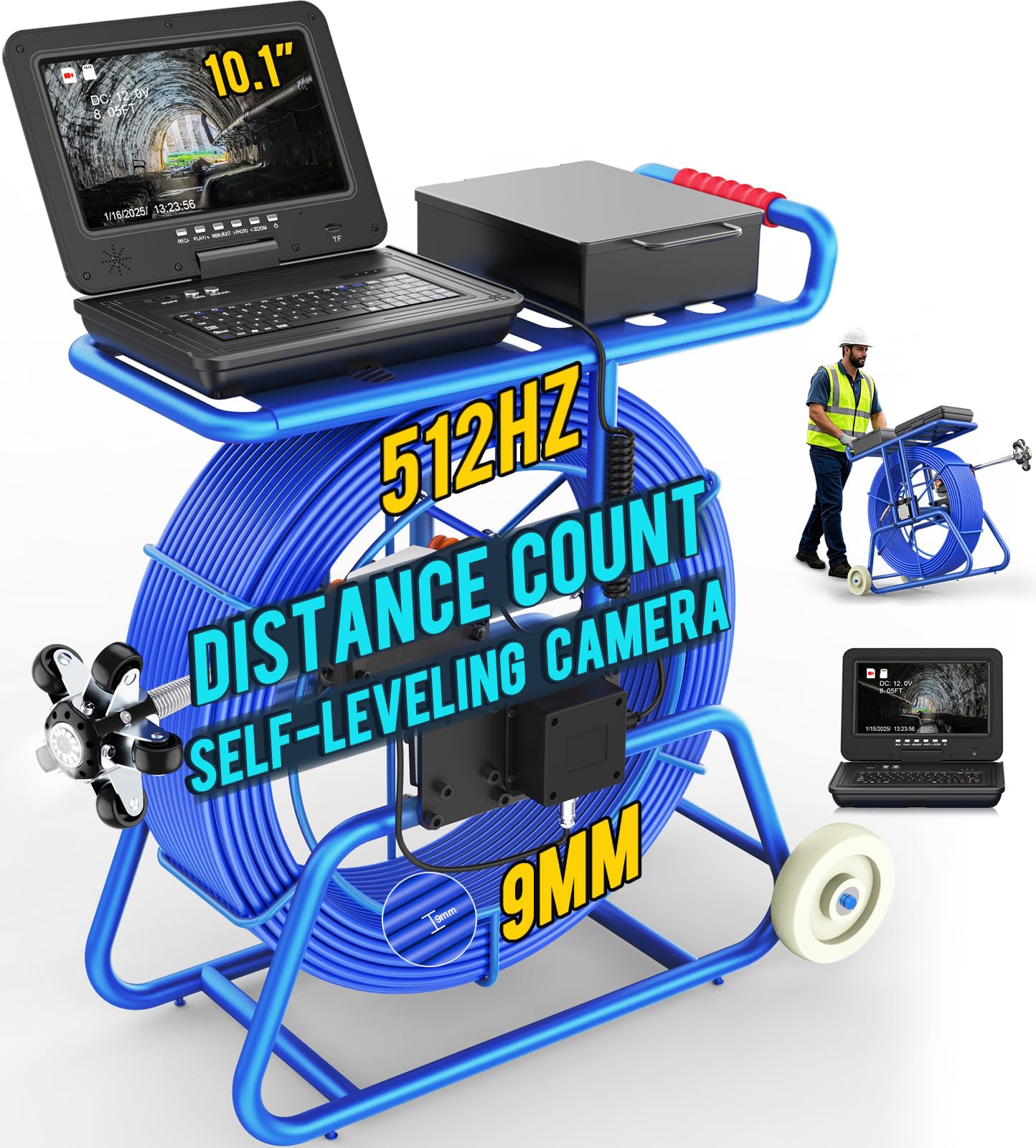 Sewer Camera with 512Hz Transmitter, Self-Leveling, Distance Counter, 5X Zoom, IP68 Waterproof, 1.26"/32mm Camera, 0.35''/9mm Cable with Wheel, 10"
