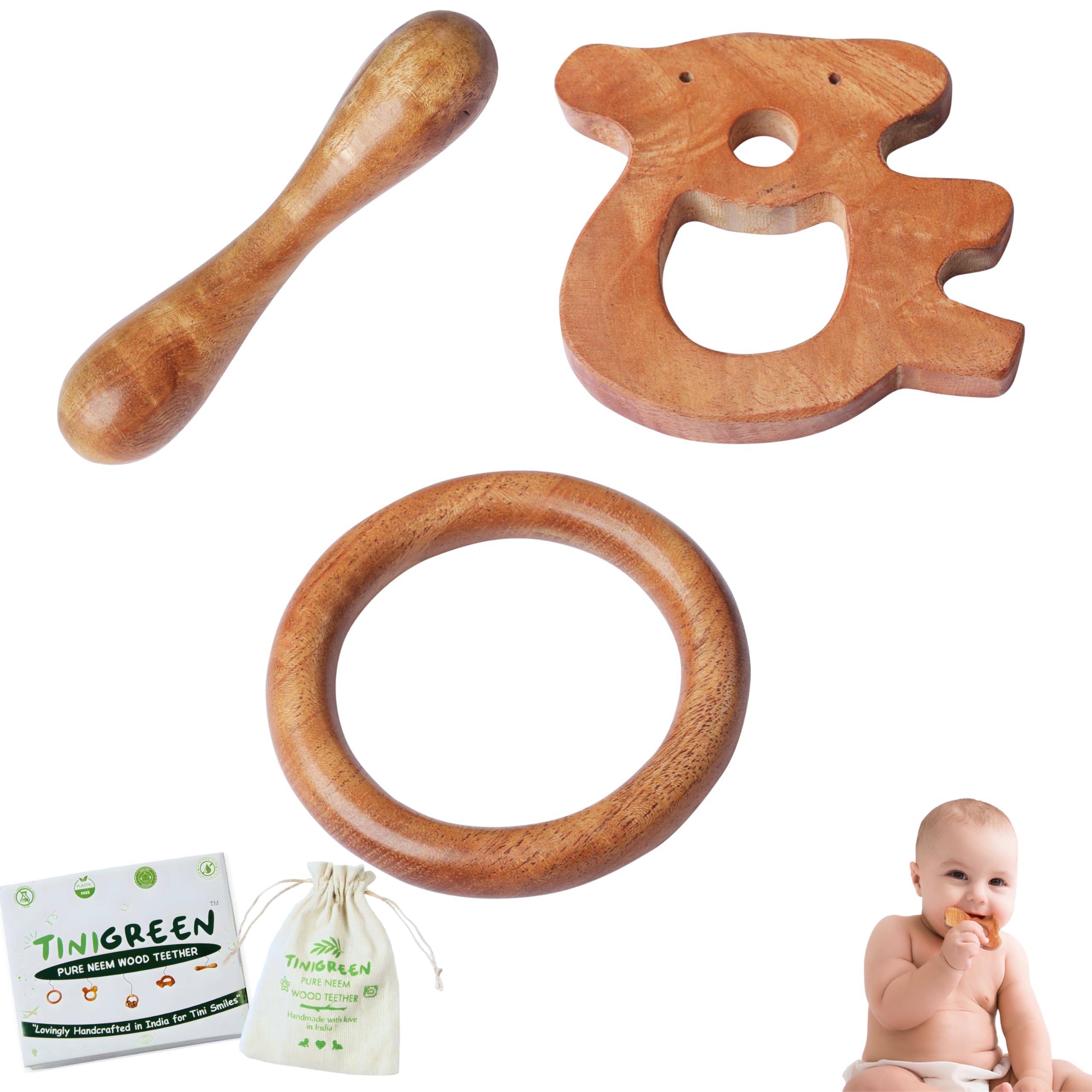TINIGREEN Teddy Ring Dumbbell Shaped Organic Neem Wood Teether Combo for Baby (Pack of 3)-picture-37