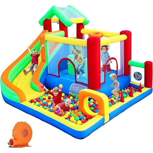 Bounce House, Inflatable Bounce Castle with Blower for Kids Indoor Outdoor, Blow Up Jumping Castle with Ball Pit, Slide, Climbing Wall, Dart Target, Basketball Hoop