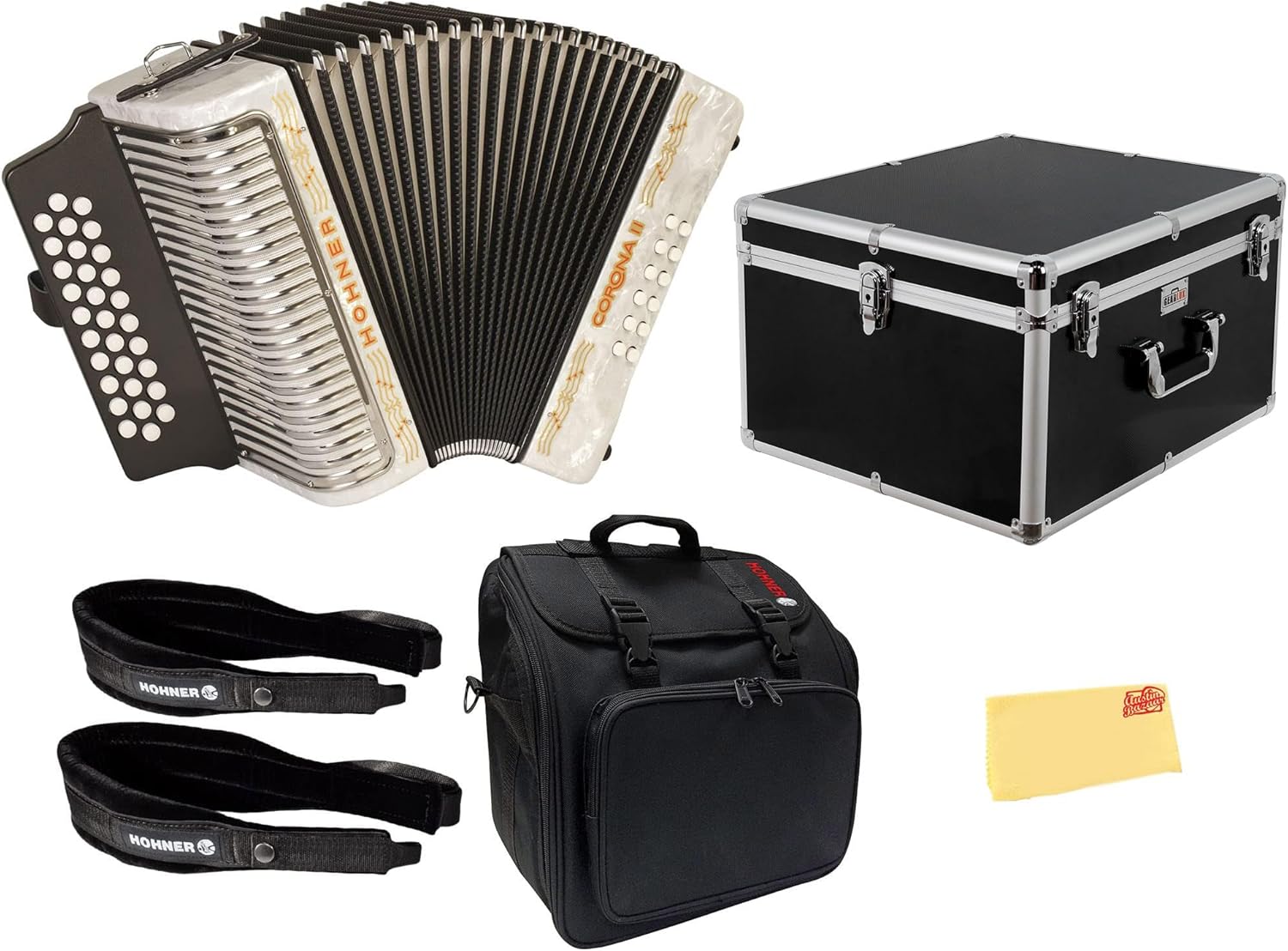Hohner Corona II G/C/F Accordion - Pearl White Bundle with Case, Gig Bag, Straps, and Austin Bazaar Polishing Cloth